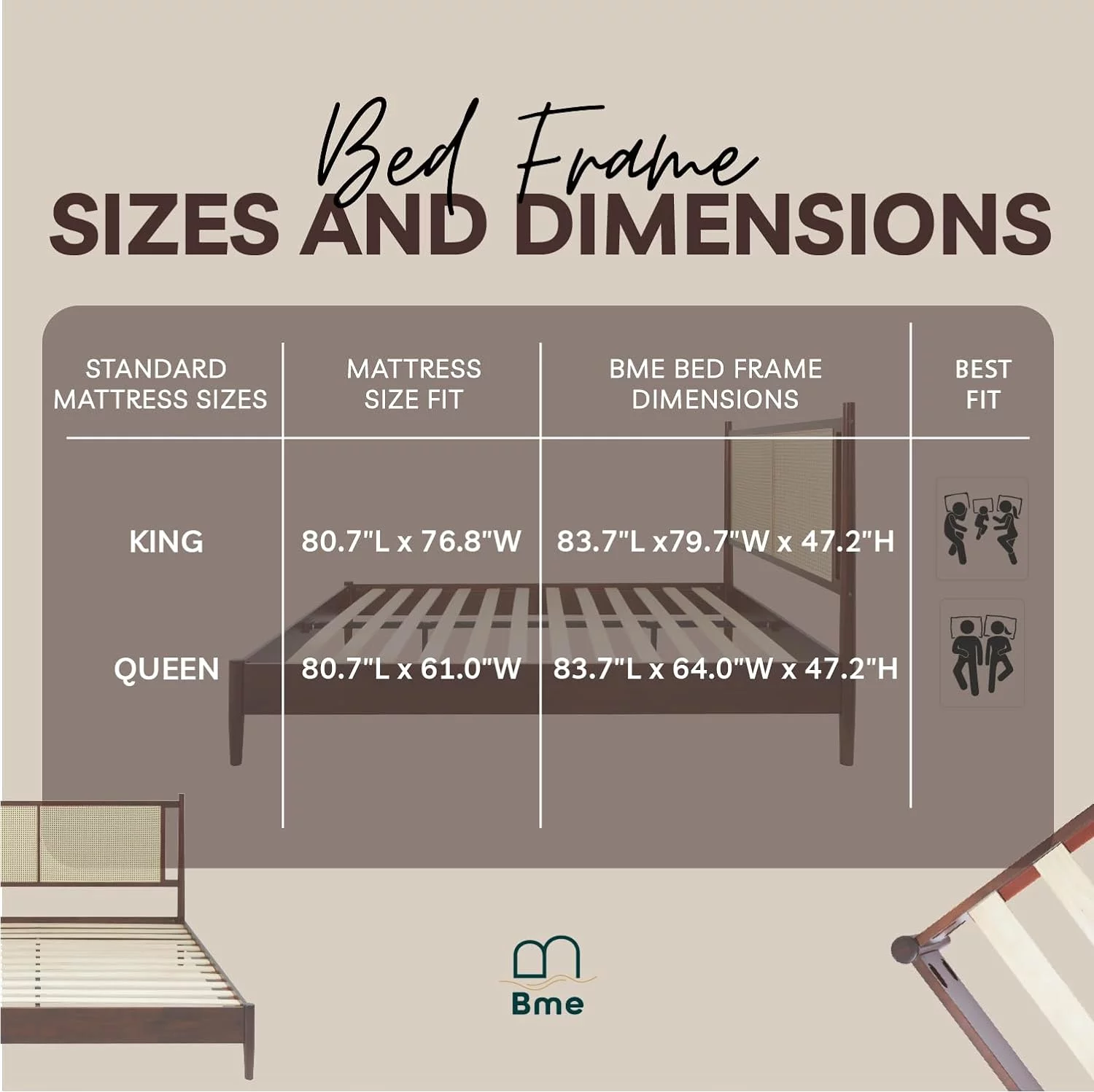 Bme Oliver 15 Inch Signature Bed Frame with Rattan Headboard - Bohemian & Mid Century Style - Acacia Wood - 12 Strong Wood Slat Support - Easy Assembly - No Box Spring Needed - Walnut, Queen