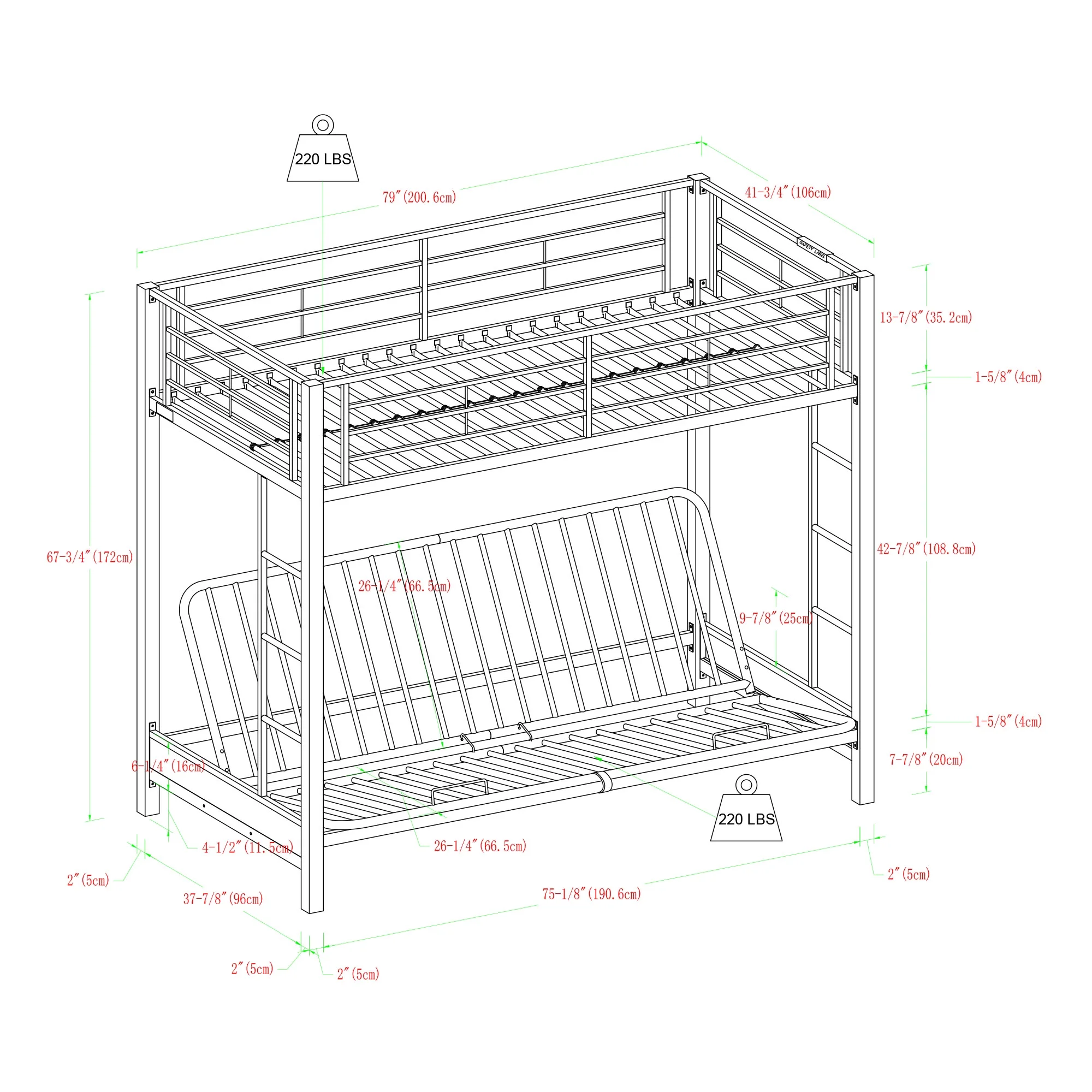 Walker Edison Premium Metal Twin Over Futon Bunk Bed - Black, Mattresses Not Included