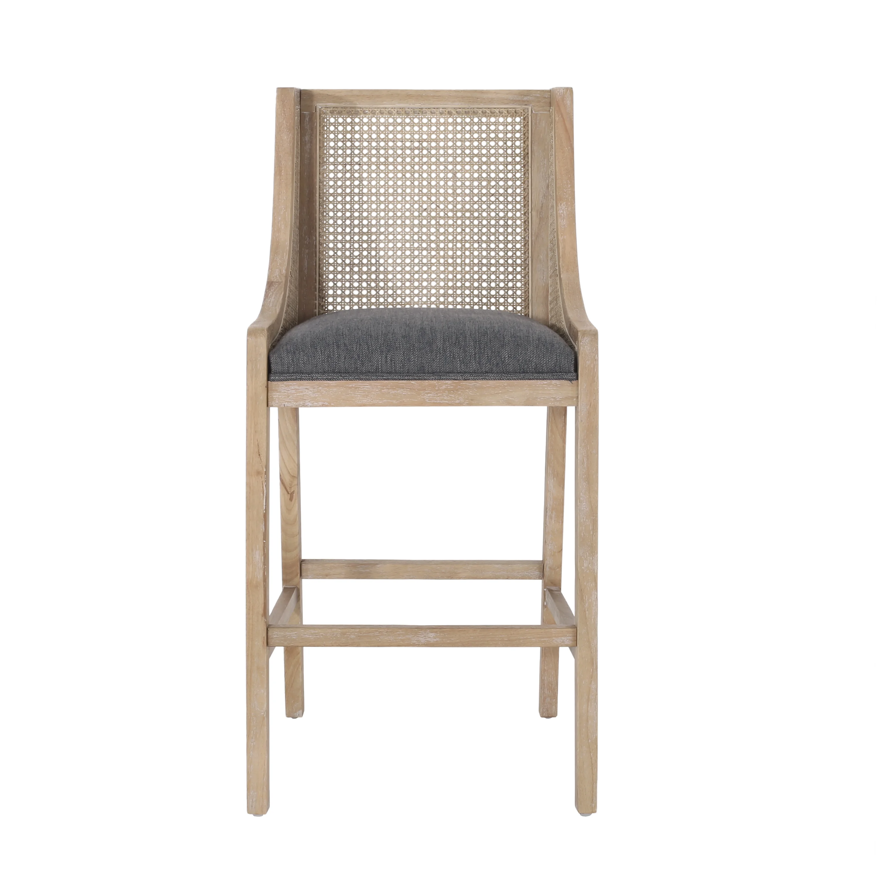 GDF Studio Oneida Rustic Fabric Upholstered Wood and Cane 30 inch Barstools, Set of 2, Charcoal and Natural