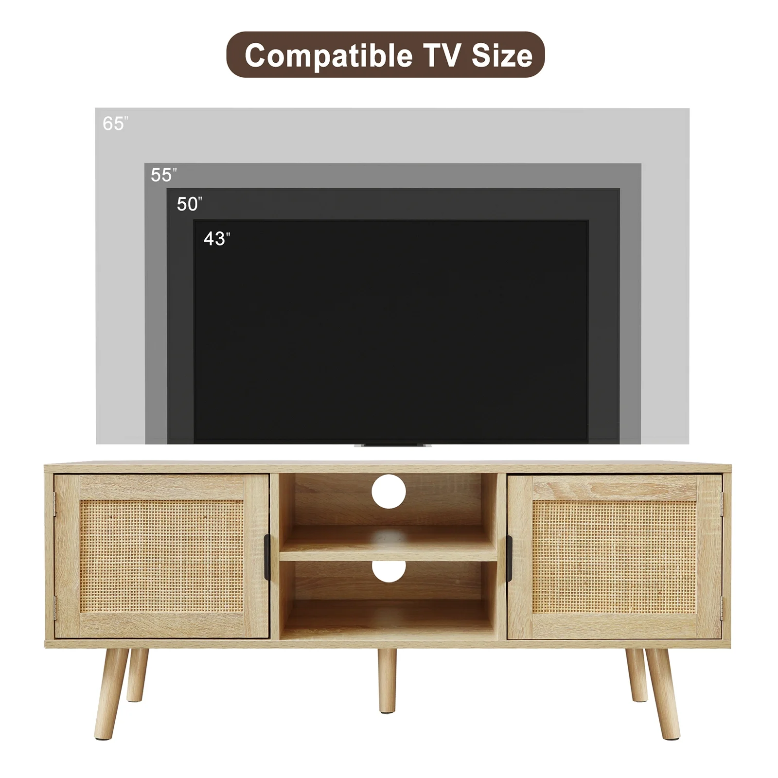 Eumyviv Farmhouse TV Stands for 55 Inch TV,Wood Media Entertainment Center Cabinet Console Table with 2 Rattan Doors, Natural Oak, H0015
