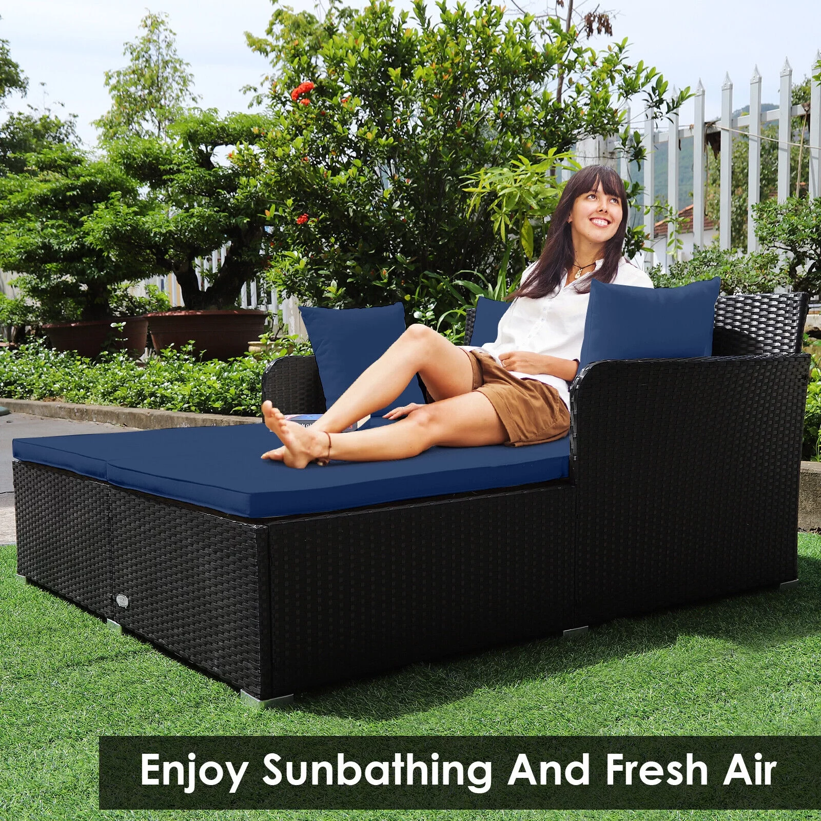 Outdoor Patio Rattan Daybed Cushioned Patio Conversation Set Sofa Furniture, Navy