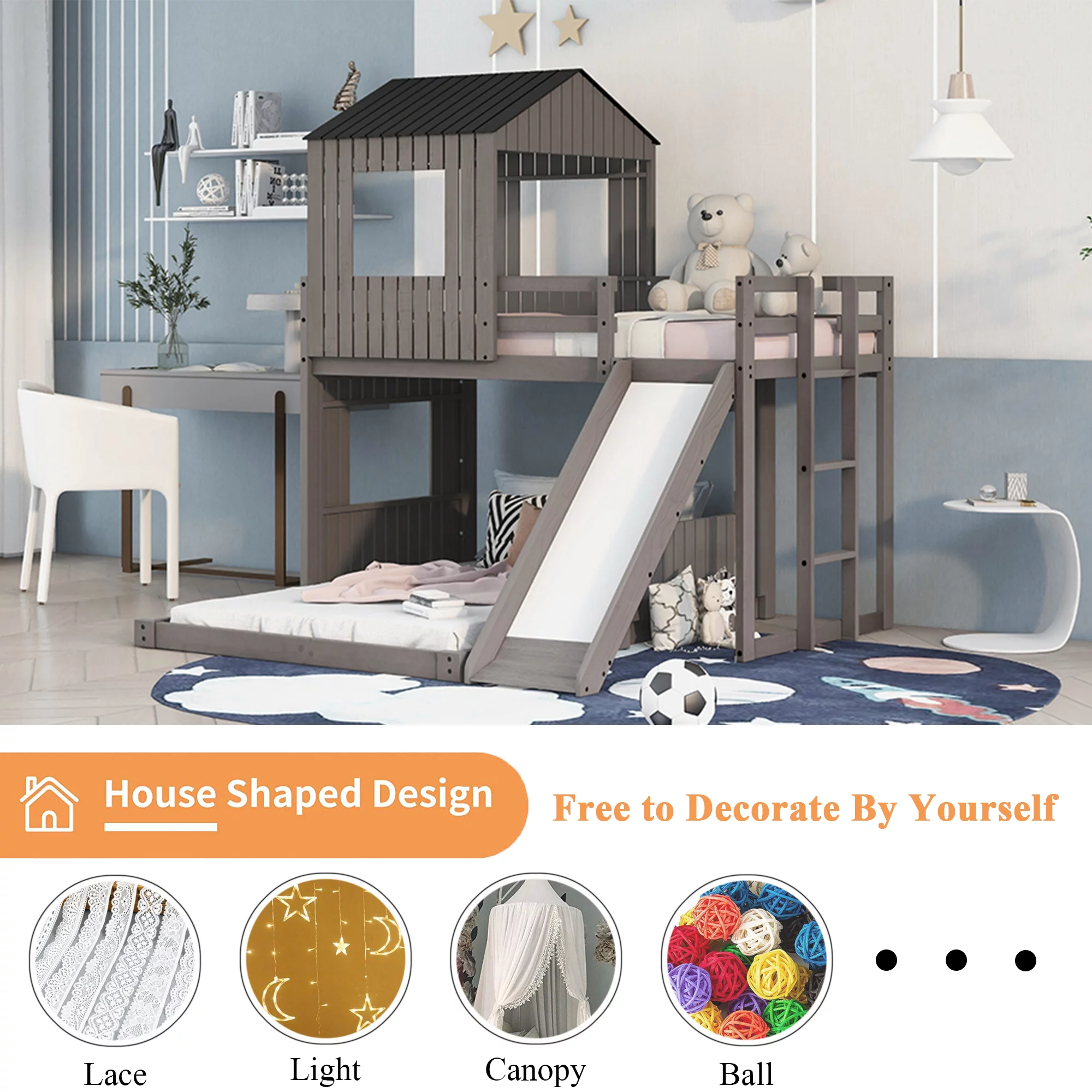 Bellemave Twin Over Full House Bunk Bed with Slide, Wood L-Shaped Fort Loft Bunk Beds Frame with Ladder, Floor Playhouse Bed for Kids, No Need Spring Box (Antique Gray)