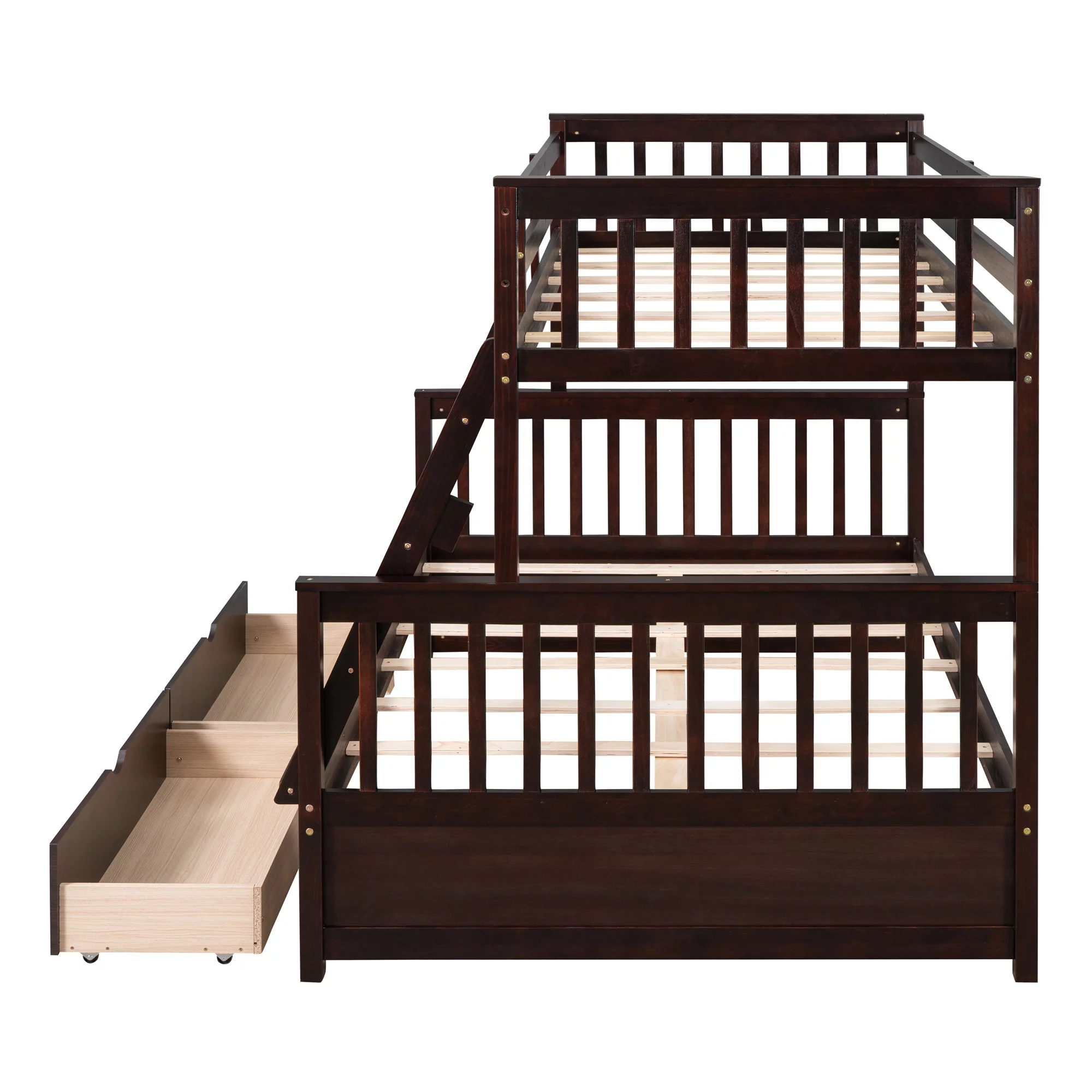 Twin Over Full Bunk Bed with Storage Drawer, Solid Wood Bunk Bed Frame with Ladders & Safety Guardrail, Bedroom Furniture for Kids, Teens, Adults, Espresso