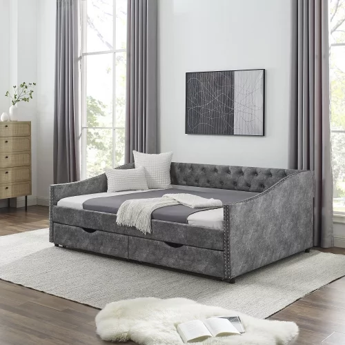Motent Full Size Daybed with Drawers Upholstered Tufted Sofa Bed, with Button on Back and Copper Nail on Waved Shape Arms,Grey(80.5”x55.5”x27.5”)