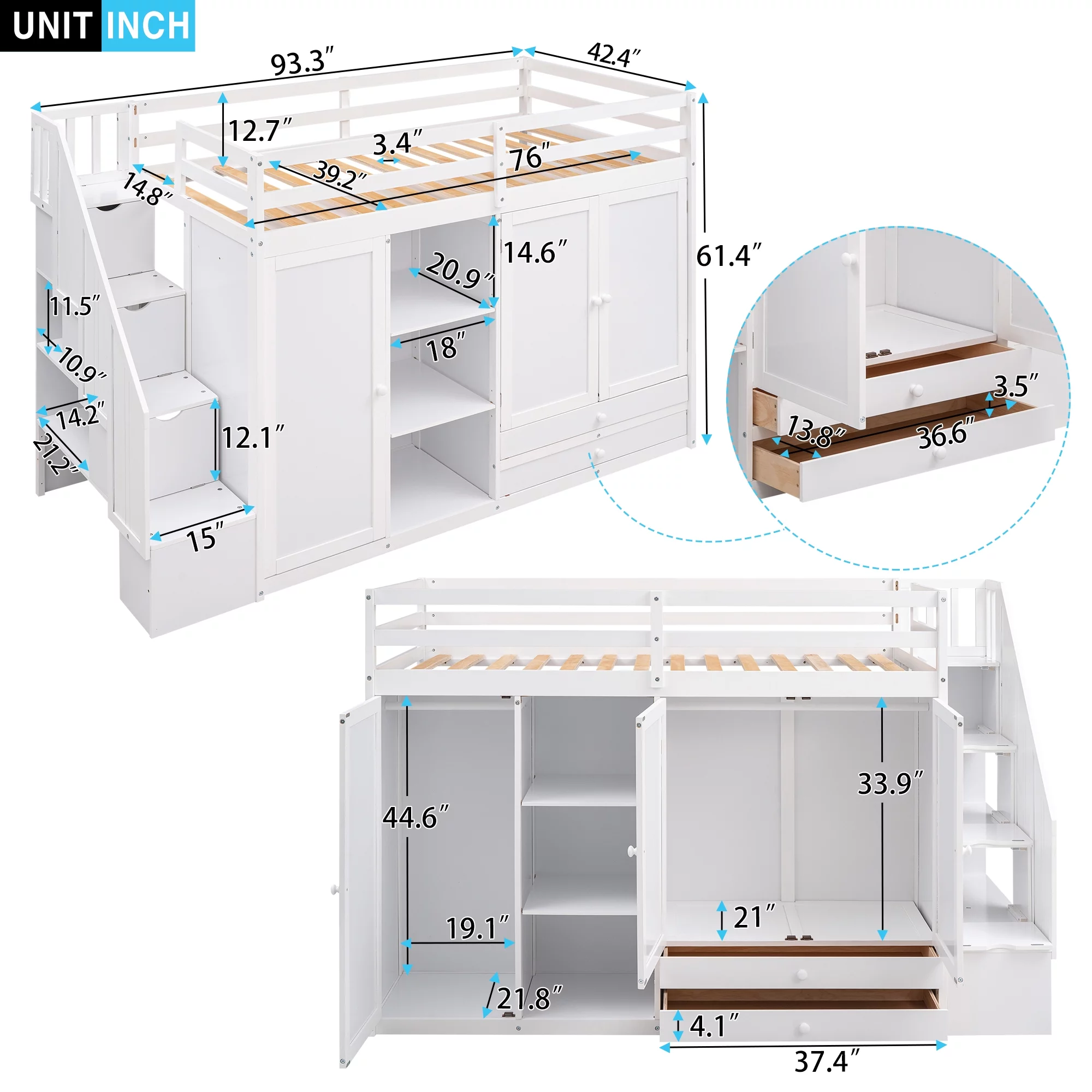 Functional Twin Wood Loft Bed with 3 Shelves, 2 Wardrobes and 2 Drawers, Ladder with Storage, Staircase, Loft Bed with Shelves, Loft Twin Bed for Teenagers, Multiple Functions Bed(White)