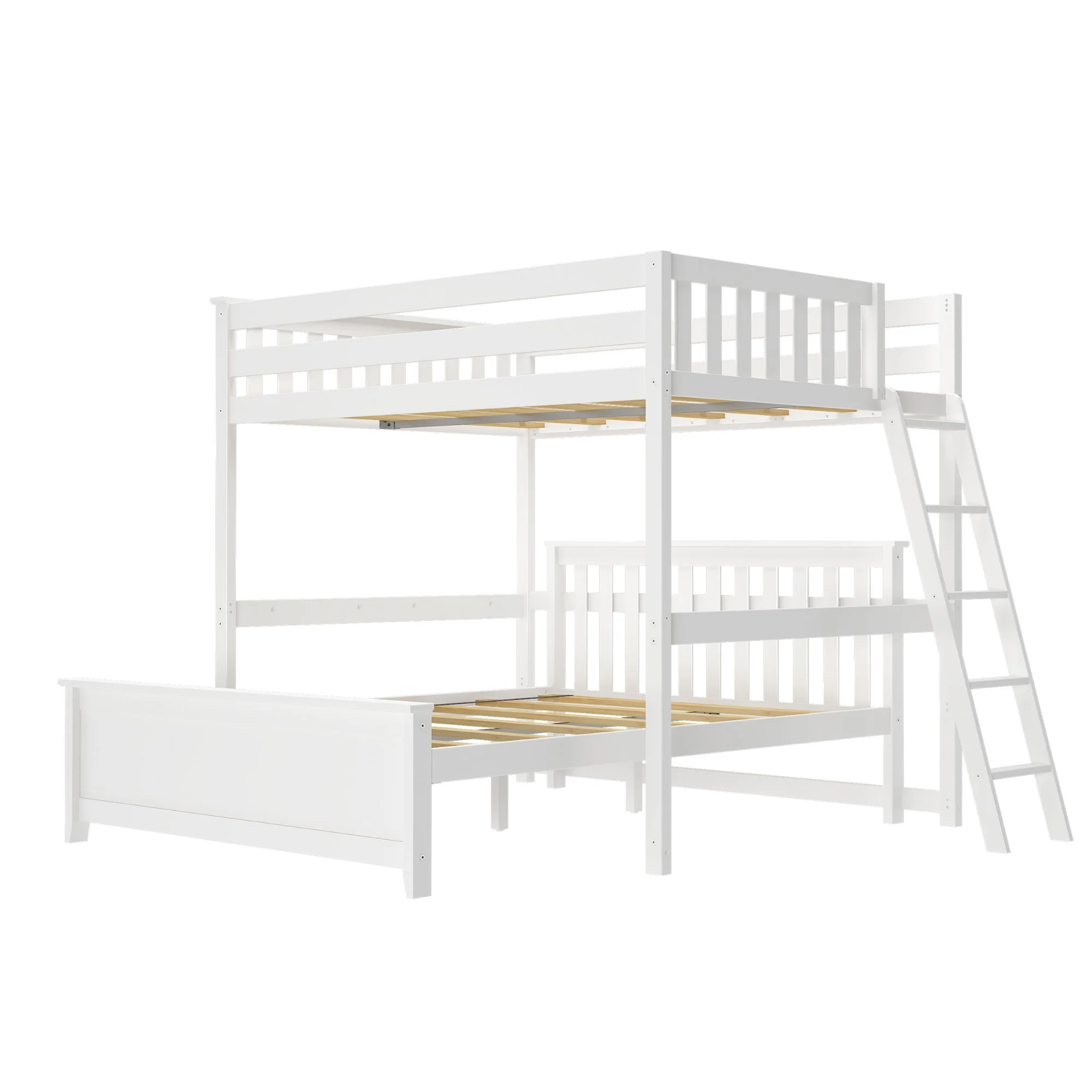 Max & Lily Solid Wood L-Shaped Full over Queen Bunk Bed with Ladder on End for Kids, White