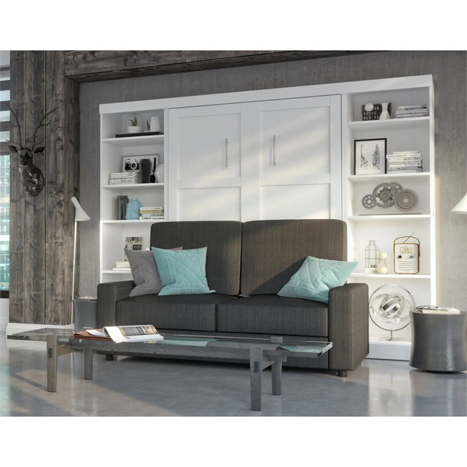 Atlin Designs 4 Piece Full Wall Bed Set in White and Gray