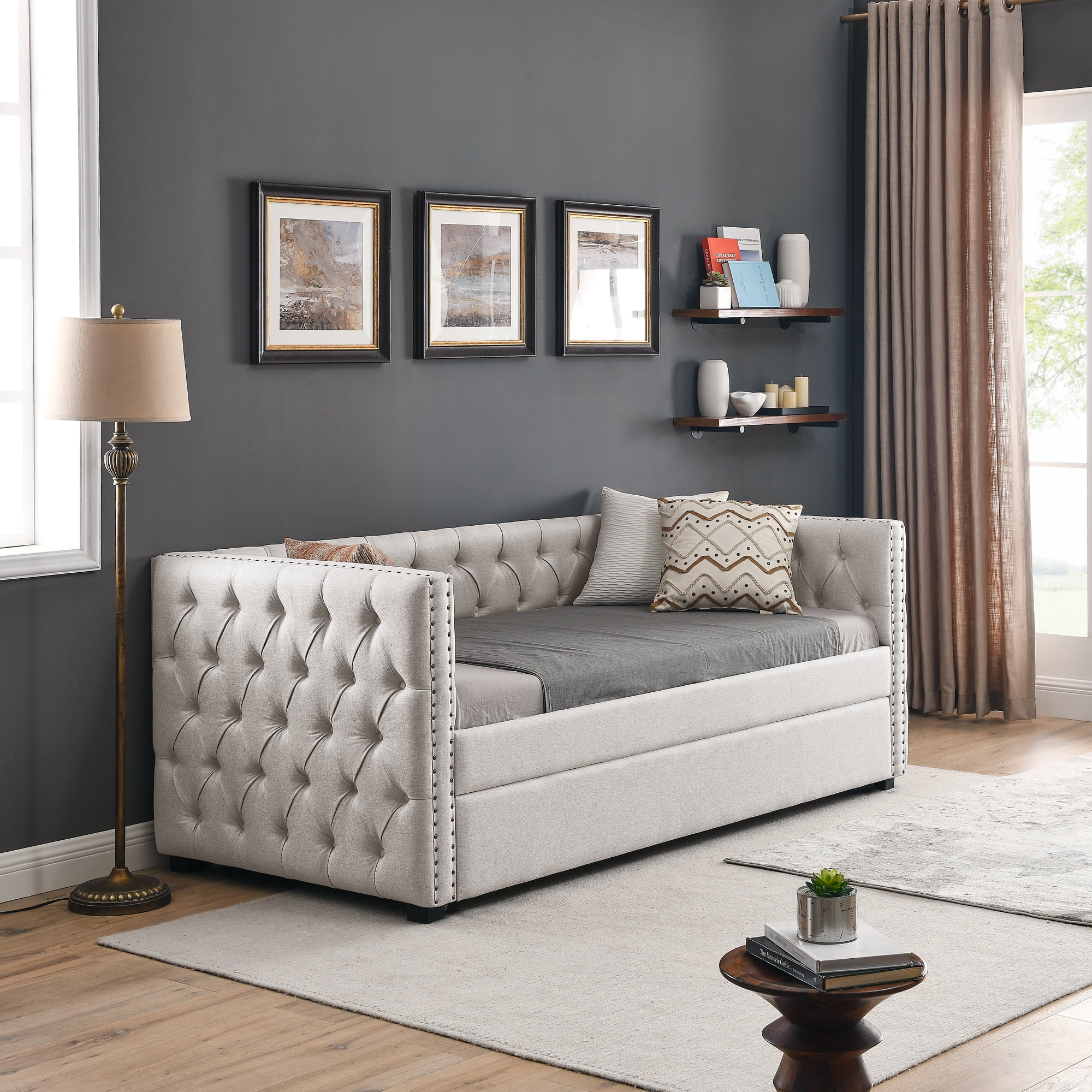 Aukfa Upholstered Daybed with Trundle, Twin Daybed, Button Tufted, Nailhead Trim - Beige
