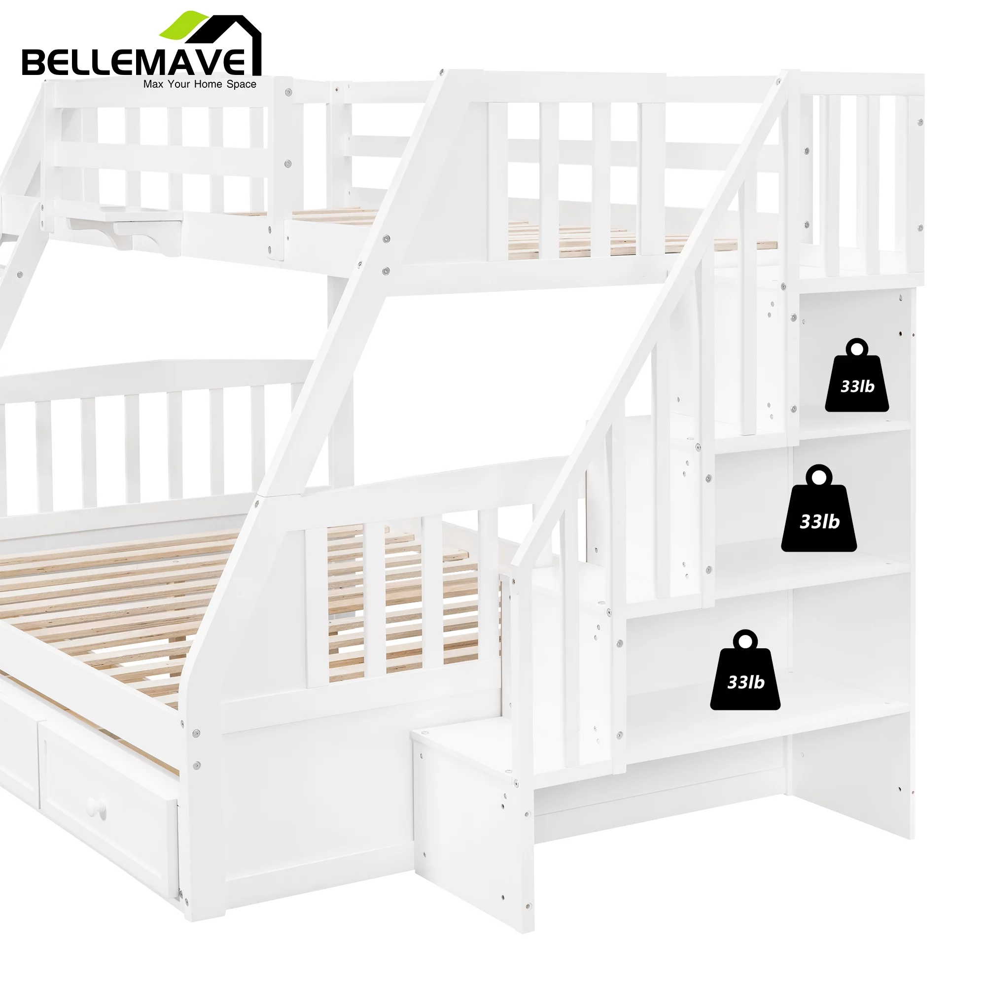 BELLEMAVE Twin over Full Bunk Bed with there drawer, bulid in ladder and storage stairs, Convertible into 2 beds, Kids bunk bed /Wood Bunk Bed for Kids, Teens(White)