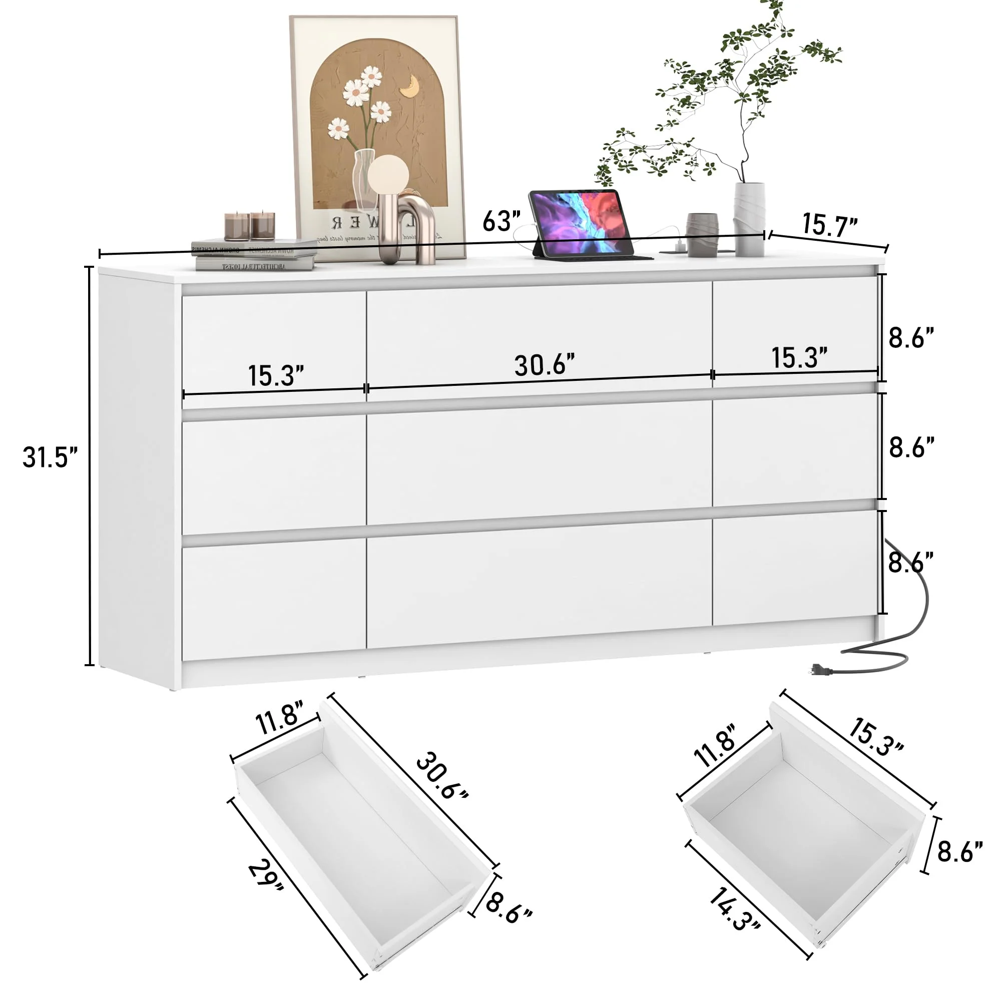 ChVans White 9 Drawer Dresser for Bedroom with Charging Station, 63