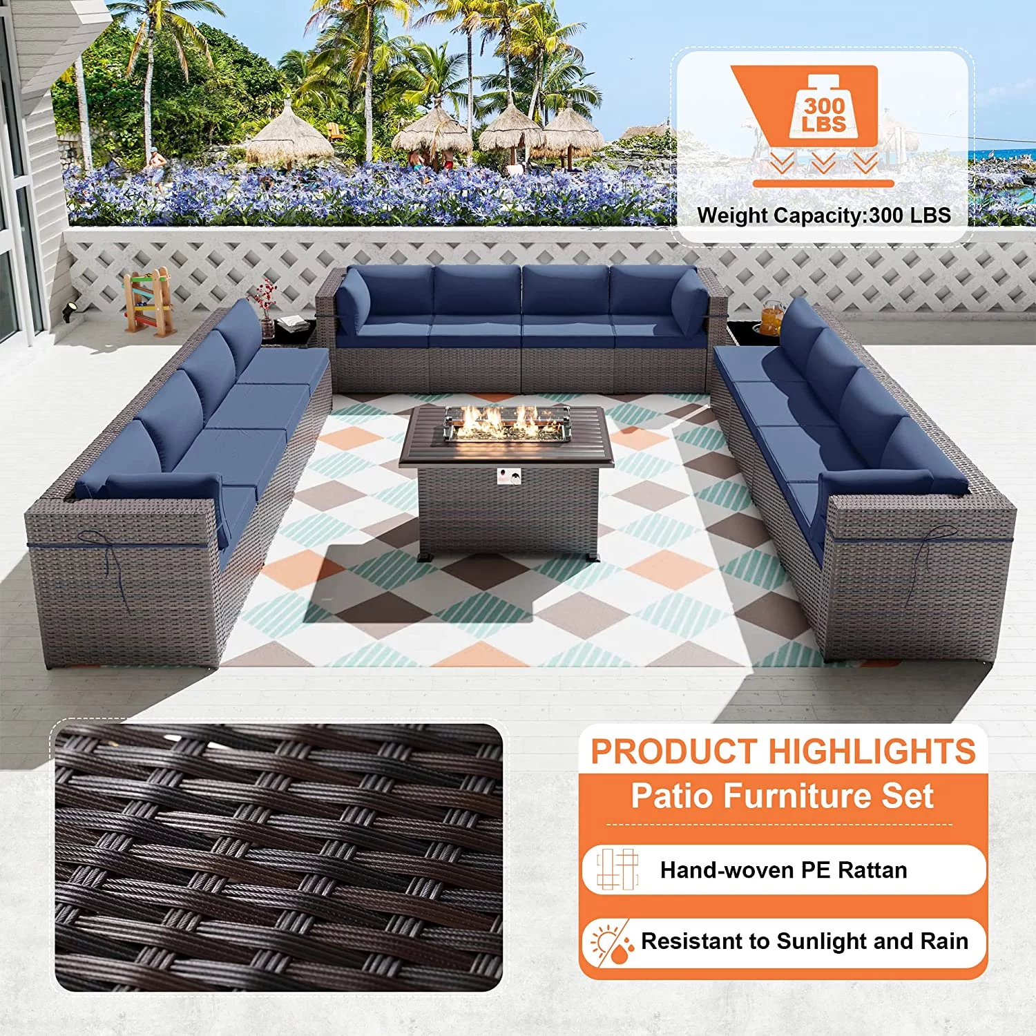 Gotland 15 Pieces Outdoor Patio Furniture Set with Propane Fire Pit Table Outdoor Sectional Sofa Sets Patio Furniture 43