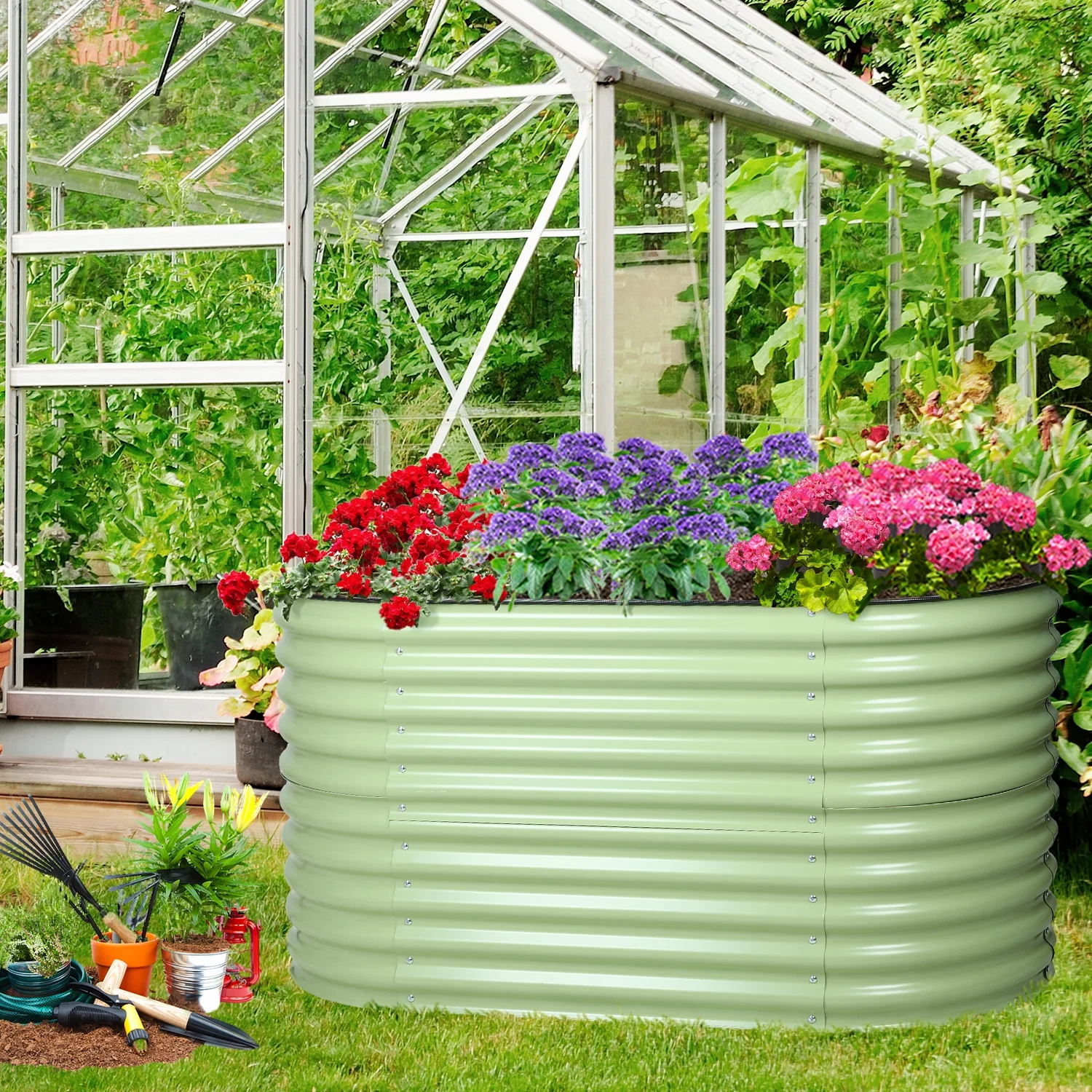 Aoodor 2 in 1 Modular Aluzinc Metal Raised Garden Bed - Outdoor Garden Planter Box for Vegetable, Flower, Herb - Olive Green (63''L x 32''W x 32''H)