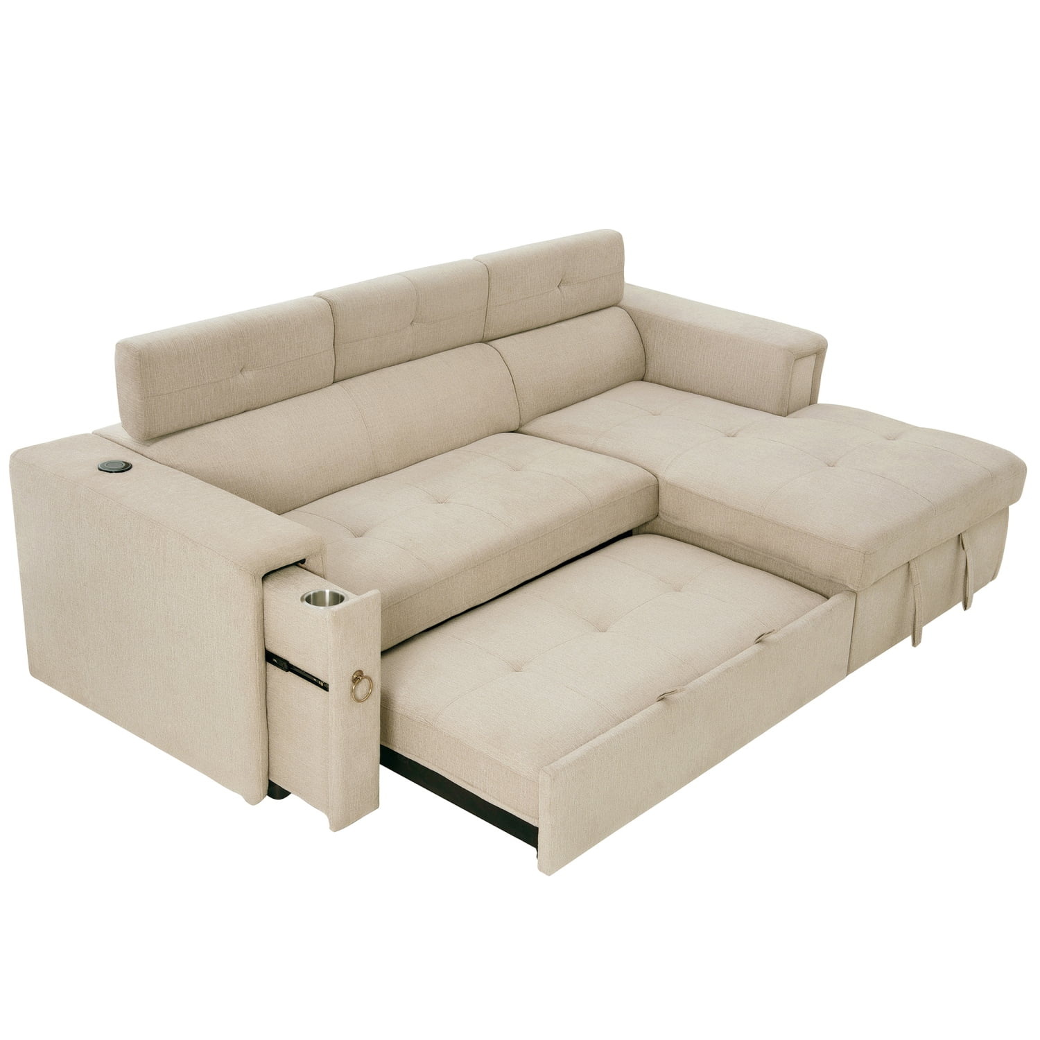 Churanty Pull Out Couch Bed with Storage and Cup Holder Sectional Sleeper Sofa with Wireless Charging L Shaped Couch with Adjustable Headrest Convertible Sofa Bed for Living Room,Beige