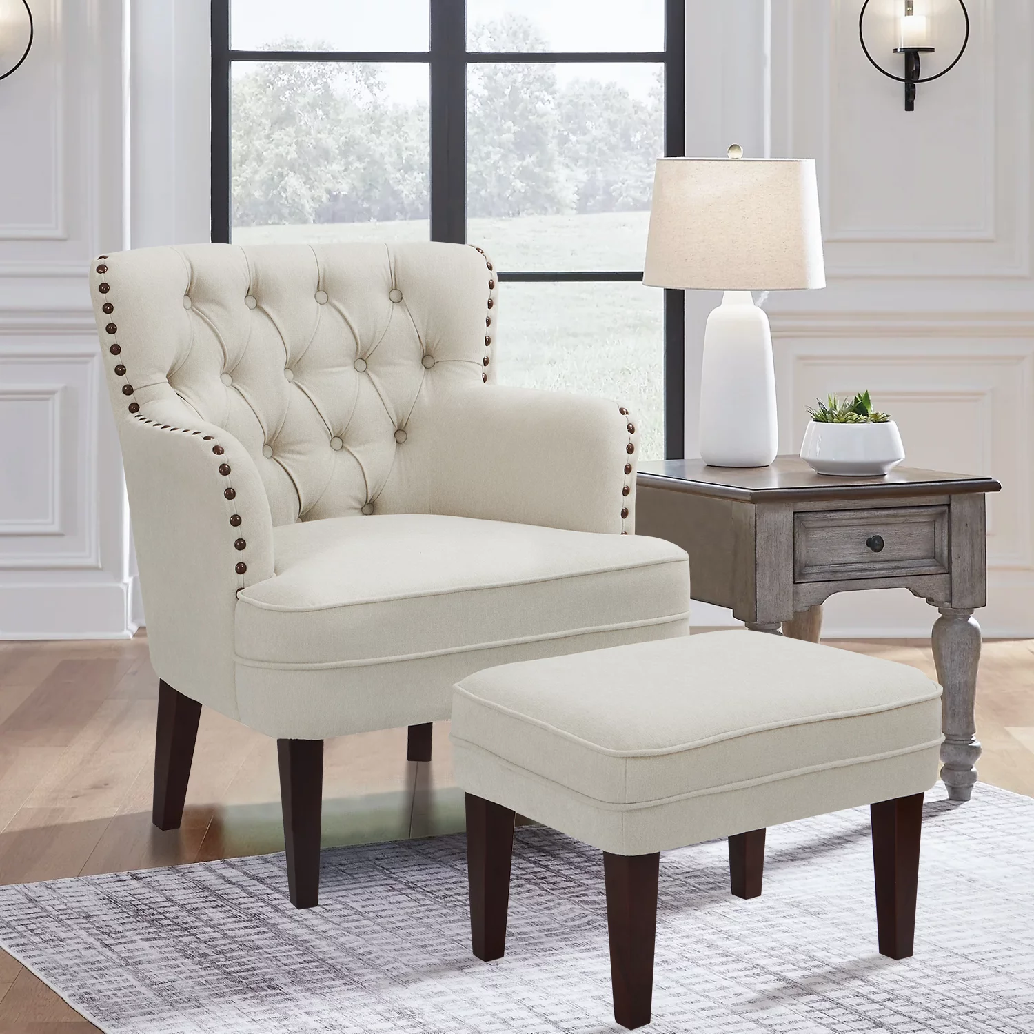 Accent Chair with Ottoman, Button Tufted Armchair for Bedroom Living Room(Beige)