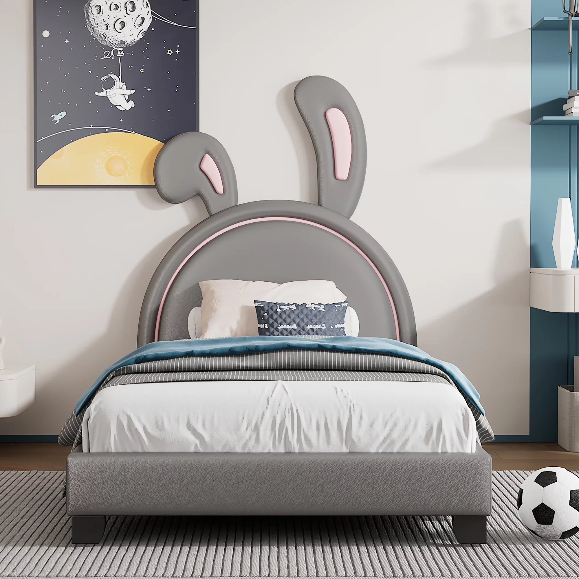 Sesslife Twin Bed for Kids Toddlers, Lovely Upholstered Leather Platform Bed with Rabbit Ornament, Twin Size Bed Frame with Headboard, Bedroom Single Bed for Girls Boys, No Box Spring Needed, Gray