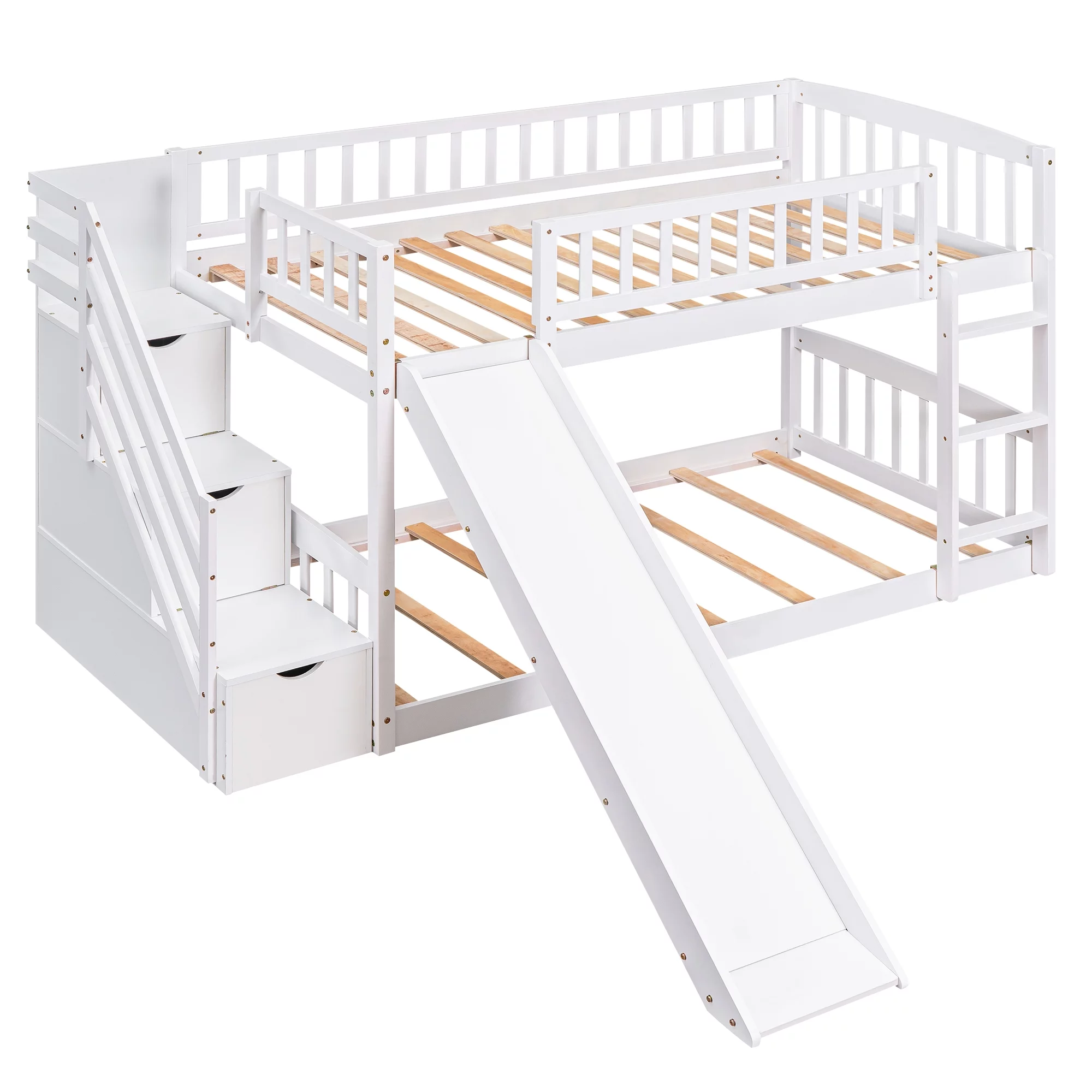 Bellemave Kids Twin Bunk Bed Frame with Slide, Twin over Twin Low Bunk Bed with Stairs and Storage Drawers, Wood Bunk Bed With Slide For Toddlers, Kids, Teens (White)