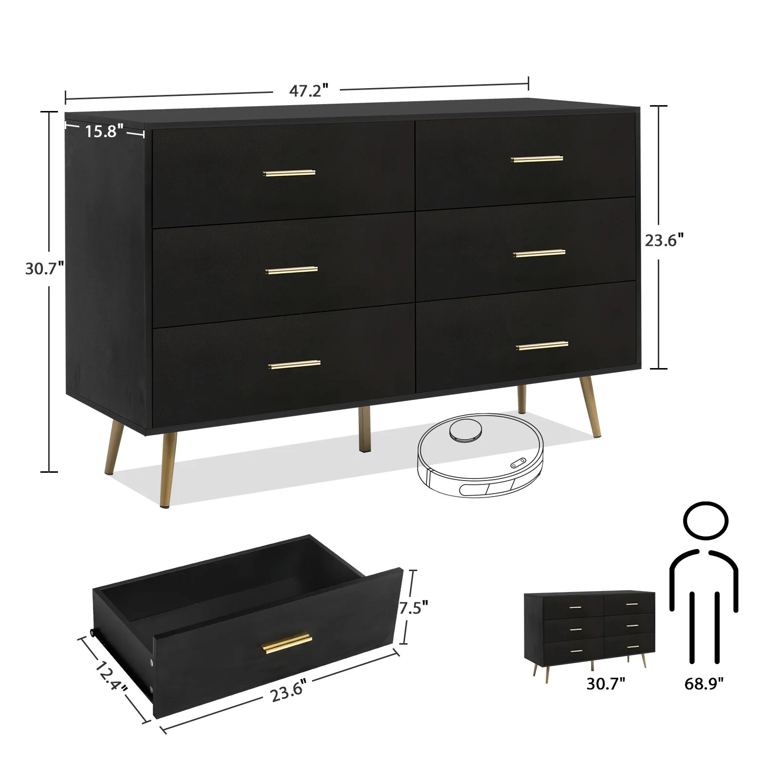REHOOPEX Black Dresser for Bedroom, Wood Dressers & Colthes Chests of 6 Drawers for Home