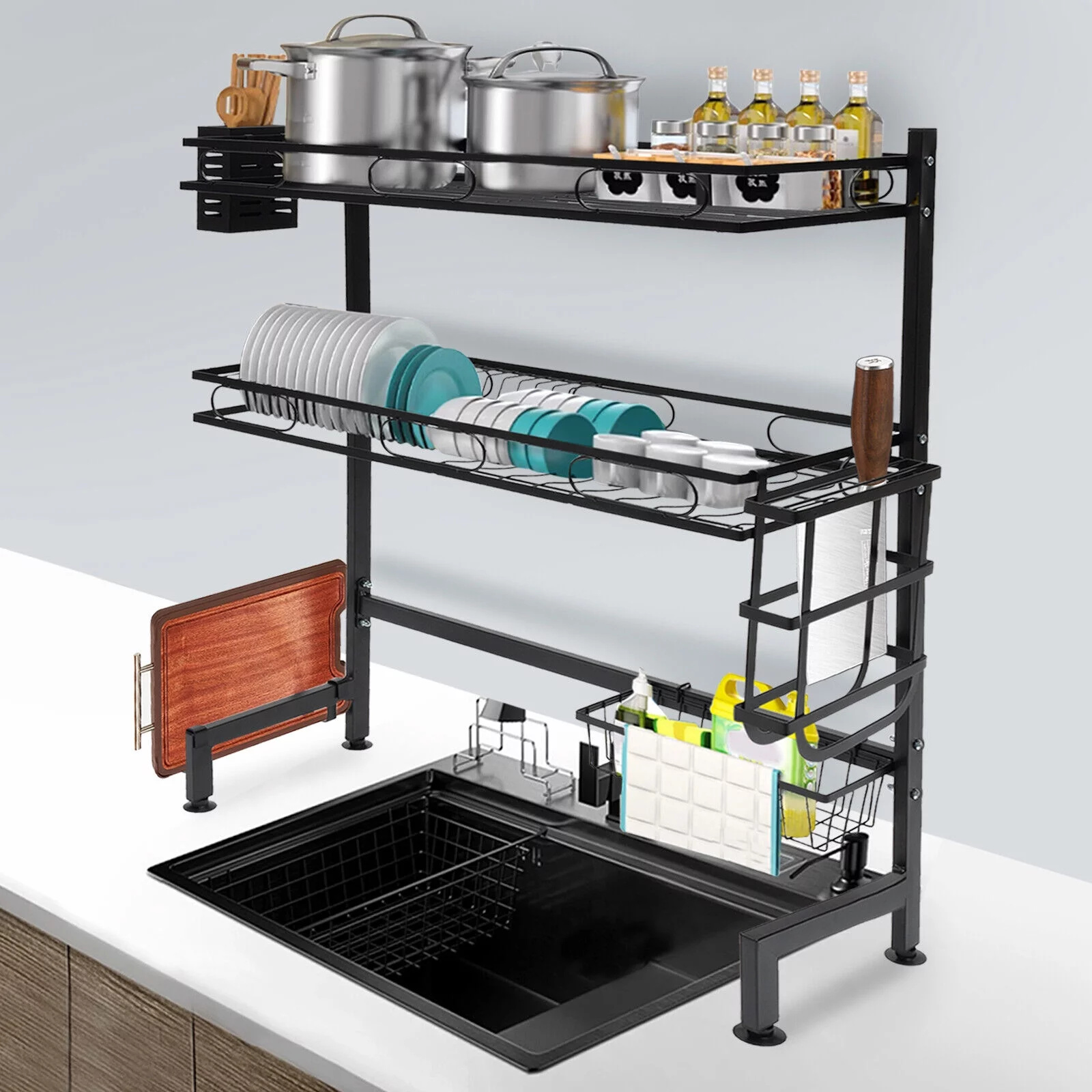 2-tiers Over-the-sink Adjustable Large 24.4'' Dish Drying Rack Large Drainage Multifunctional Kitchen Rack