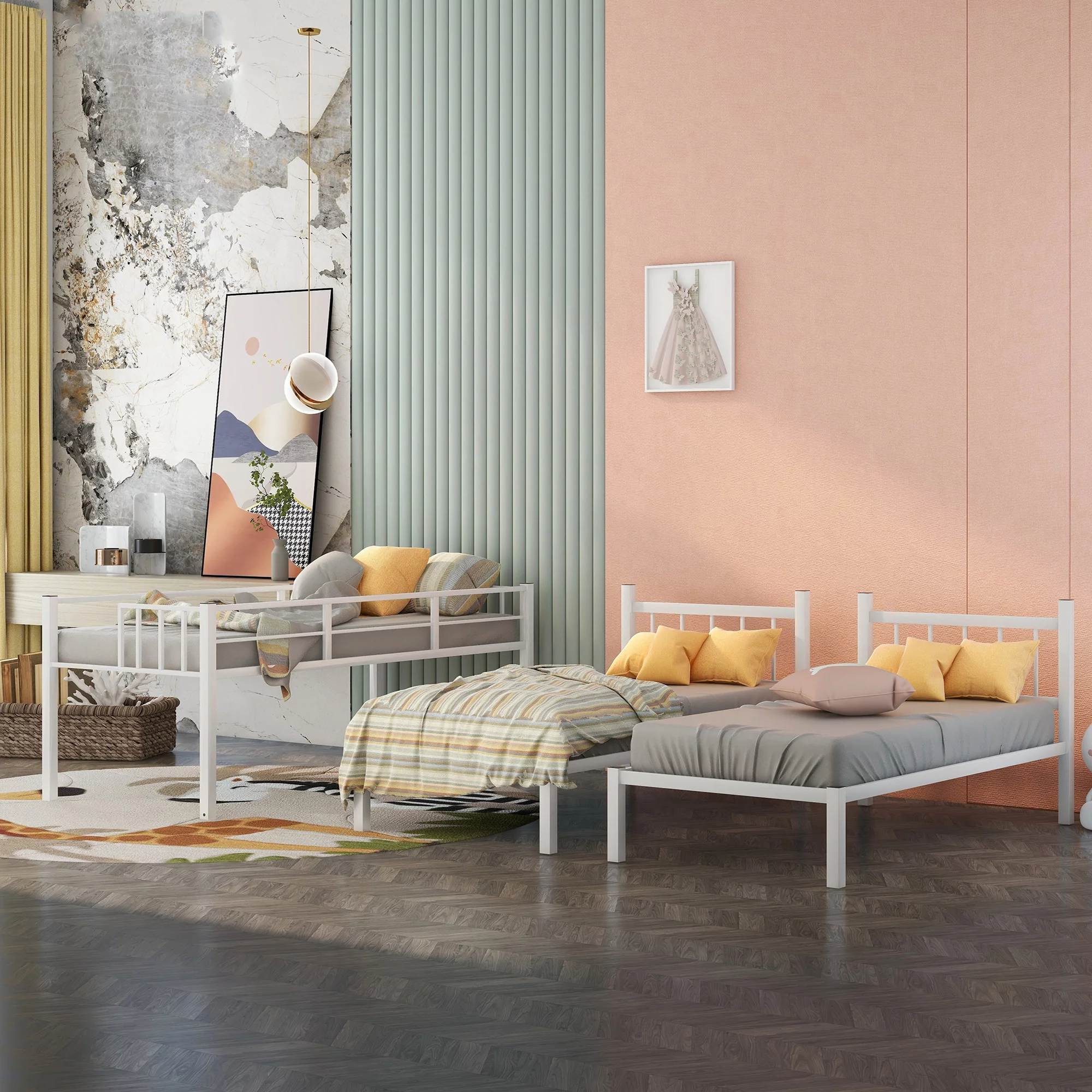 Triple Metal Bunk Bed Twin over Twin with Ladder for Kids, Boys & Girls, Convertible Bunk Set, White