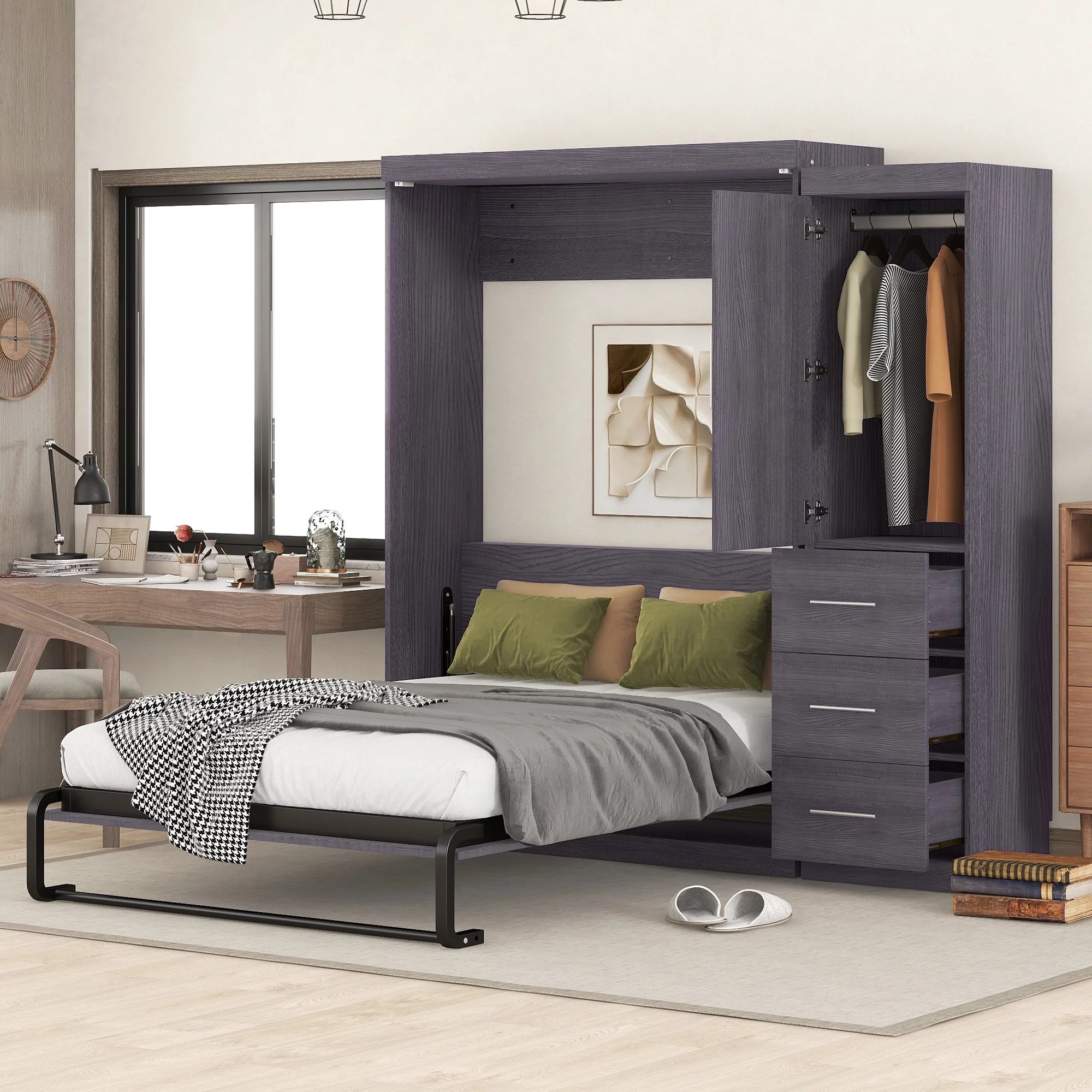 Euroco Wood Full Size Murphy Wall Bed with Wardrobe and Drawers for Living Room, Moveable Wardrobe and Drawers, Space-Saving & Easy Open and Close, Gray