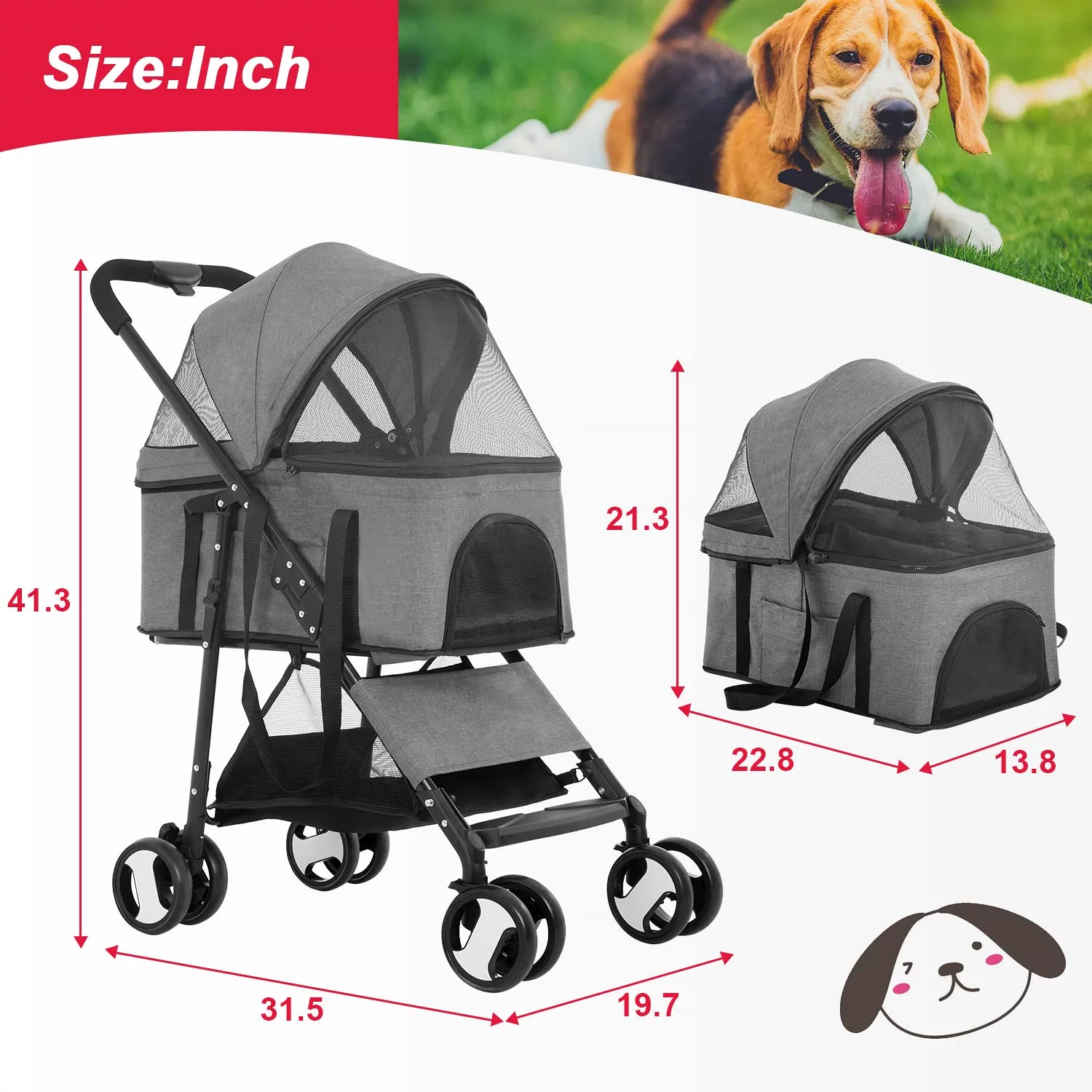 BestPet 3-in-1Pet Stroller Premium Multifunction Dog Cat with Detachable Carrier &Cup Holder,Grey