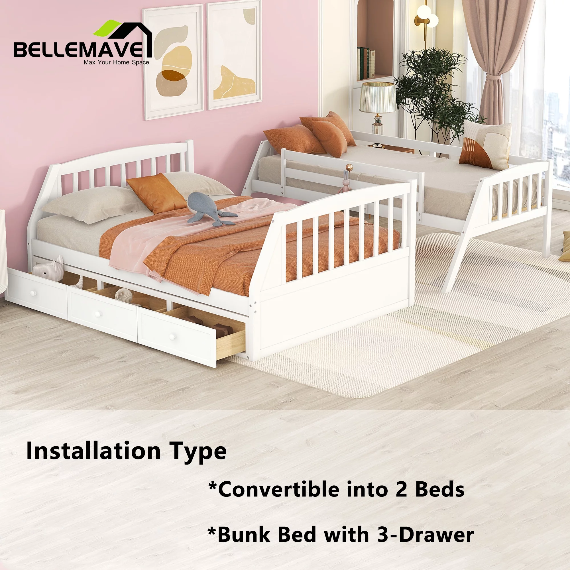 BELLEMAVE Twin over Full Bunk Bed with there drawer, bulid in ladder and storage stairs, Convertible into 2 beds, Kids bunk bed /Wood Bunk Bed for Kids, Teens(White)