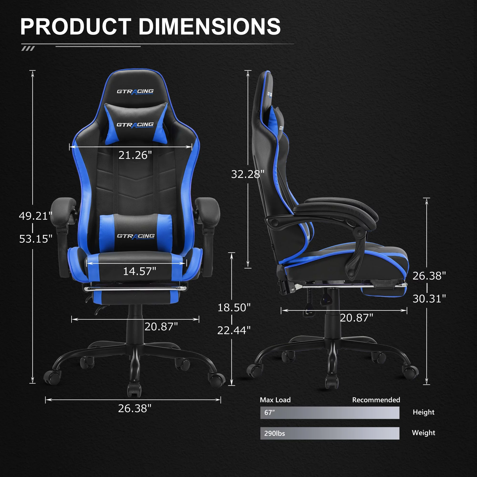 GTRACING GTWD-200 Gaming Chair with Footrest, Height Adjustable Office Swivel Recliner, Blue