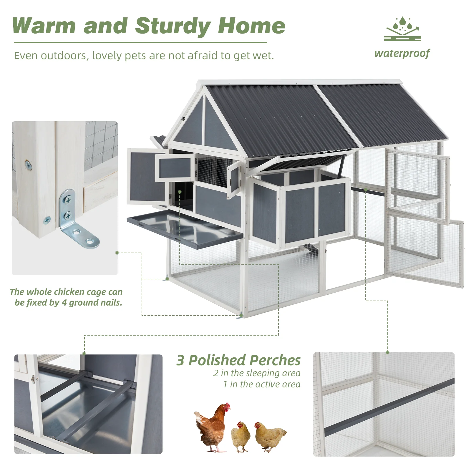 YODOLLA 84” Large Chicken Coop Outdoor Wooden Hen House Poultry Cage with 2 Nesting Boxes & Removable Tray,Gray