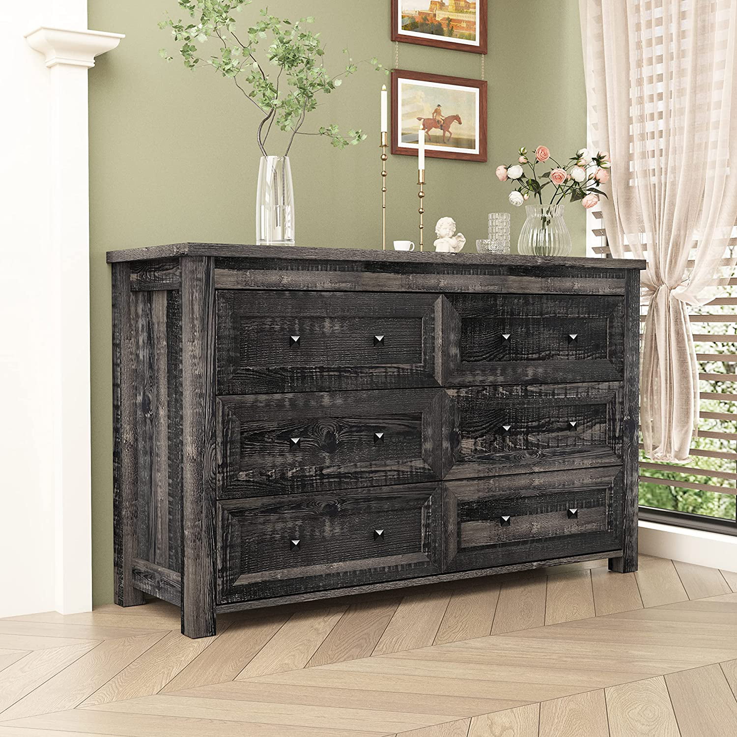 6 Drawer Dresser Chests Farmhouse Storage Chest of Drawers Wood Dresser with Metal Handles Dressers Organizer for Bedroom  Living Room Hallway Dark Rustic Oak