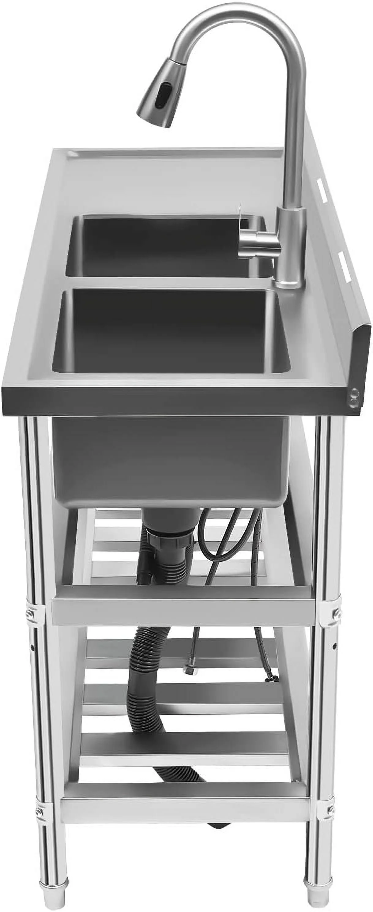 Free Standing Commercial Kitchen Sink 2 Compartment Stainless Steel Prep & Utility Sink 201 Stainless Steel Freestanding Kitchen Sink for Restaurant, Kitchen, Outdoor (Dual Bowl Style w/Baffle)