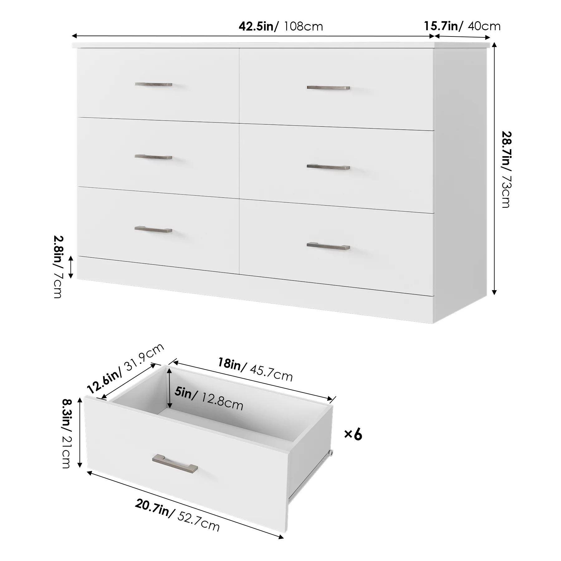 Homfa 6 Drawer White Double Dresser, Modern Wood Chest of Drawers with Metal Handles for Bedroom