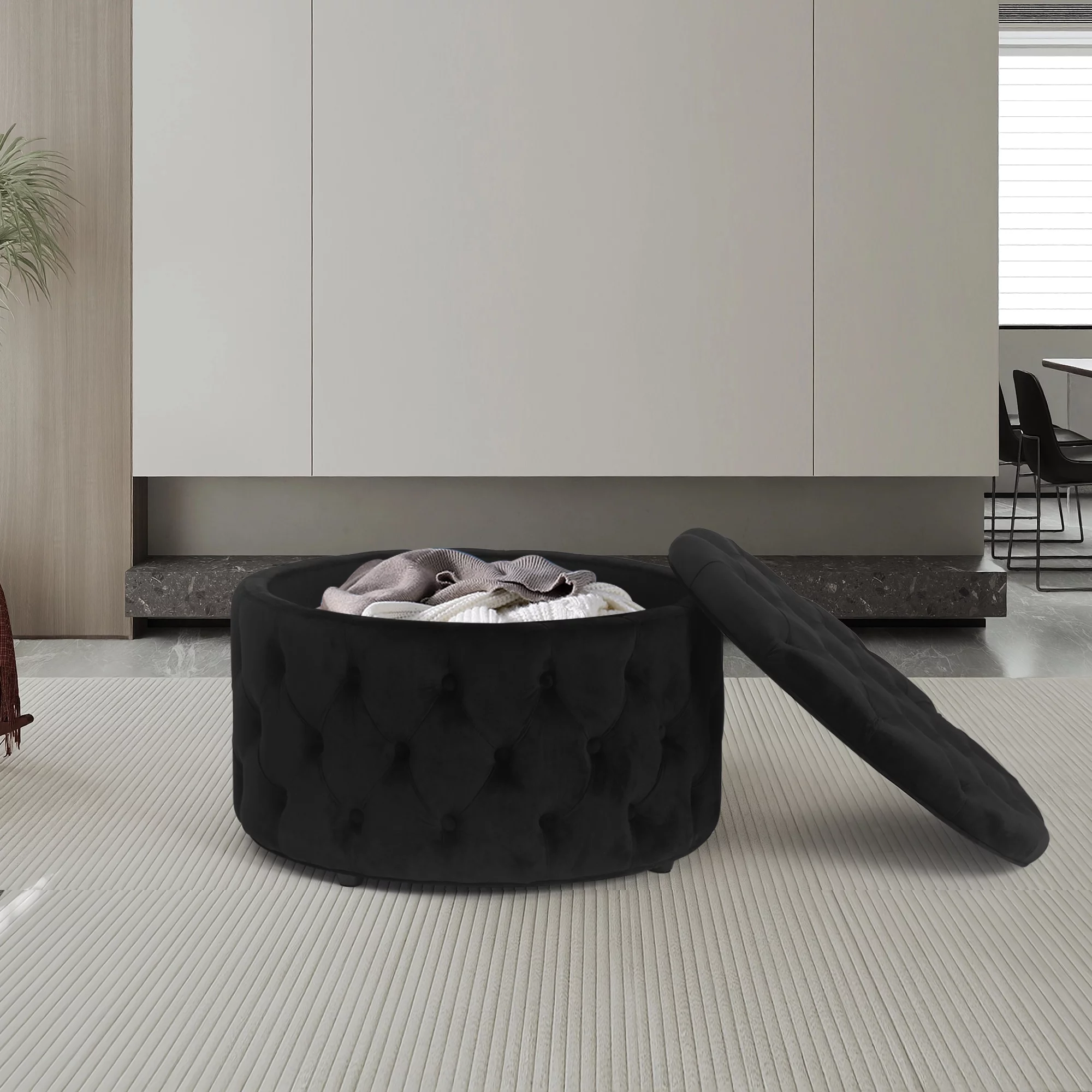 Homebeez Round Storage Ottoman Button Tufted Footrest Stool Coffee Table Children Sofa Stool,Black