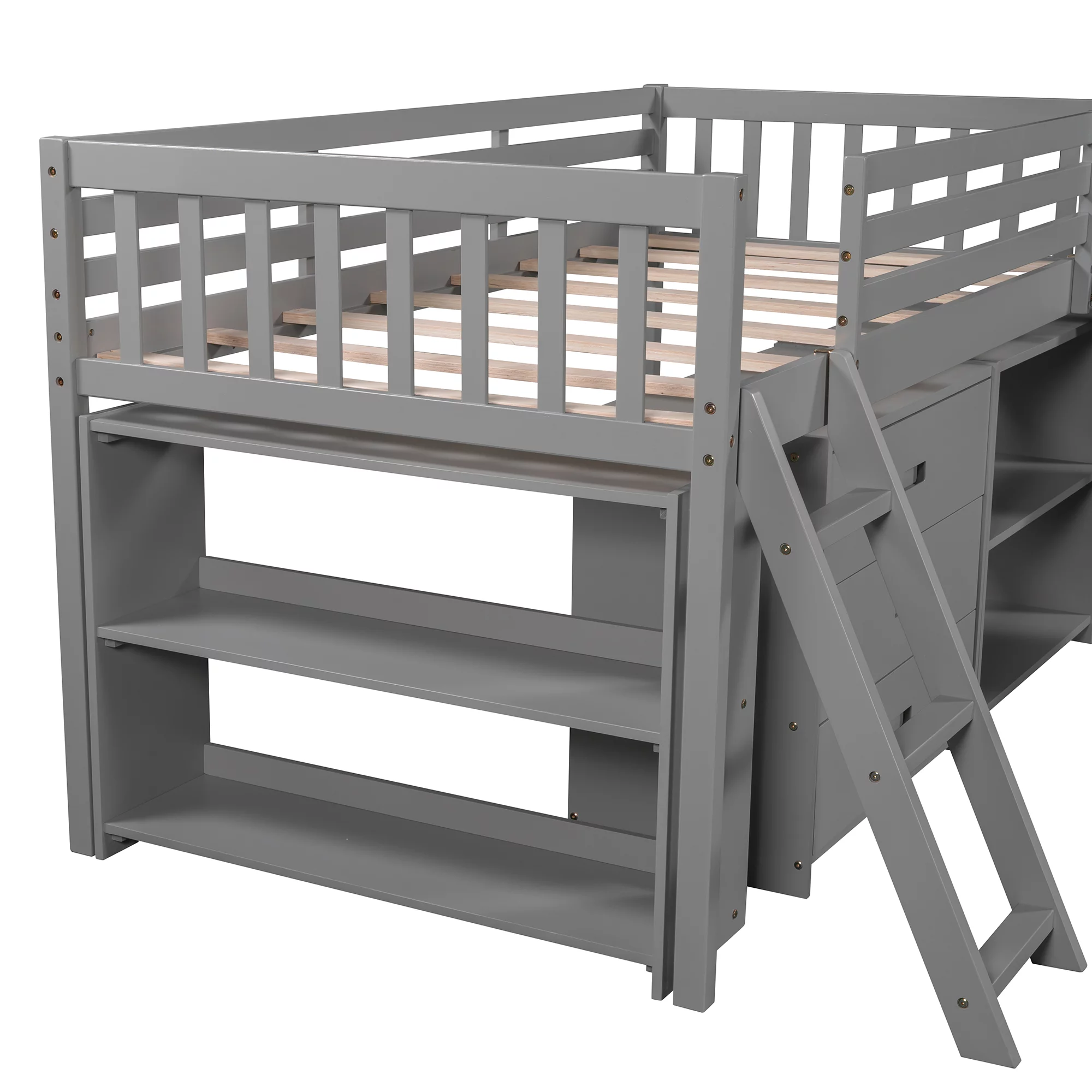 Euroco Wood Twin Size Low Loft Bed with Bookcase, Drawers, Ladder and Slide, Gray