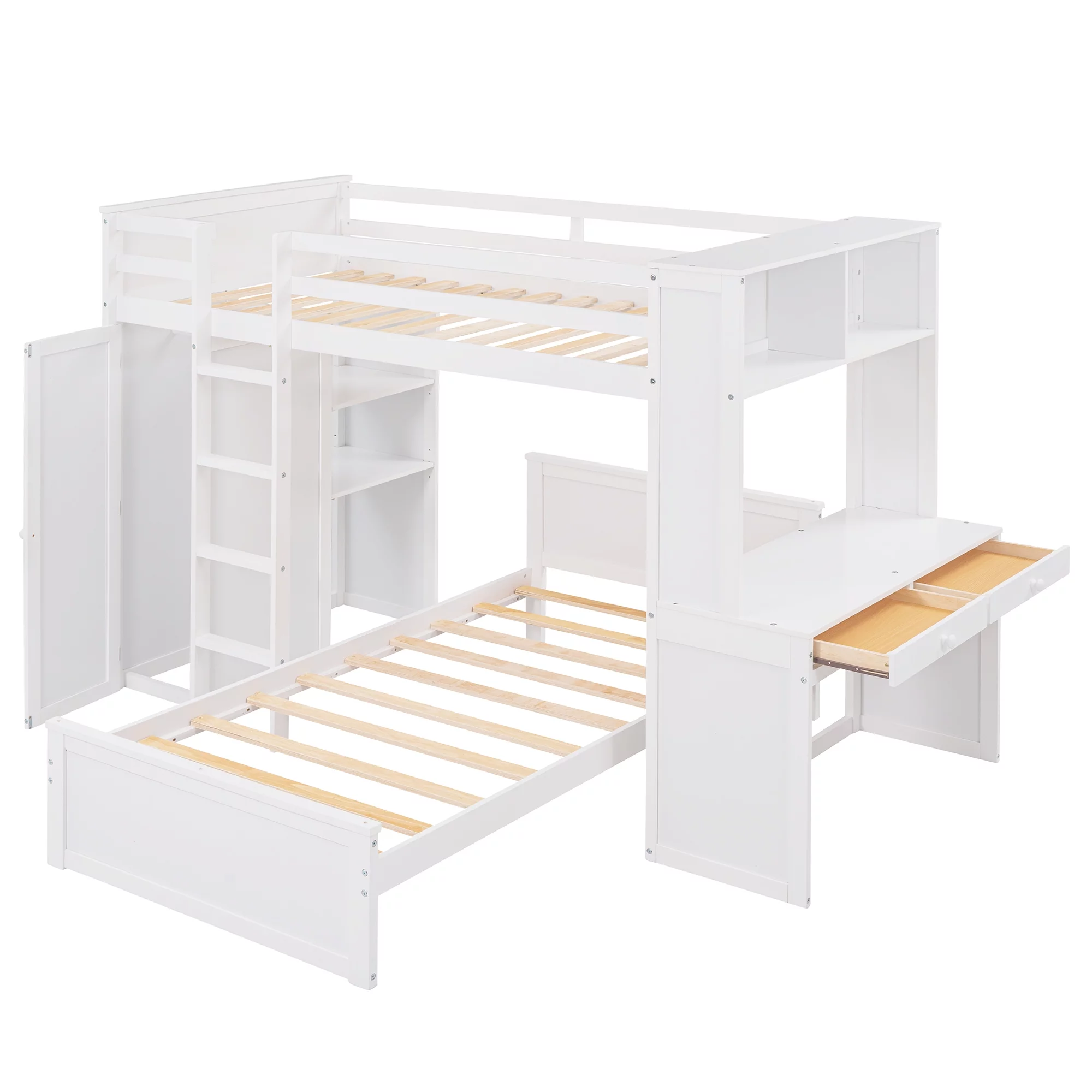 THINK 30,Twin Size Loft Bed with Desk and Wardrobe, Wood Convertible Bunk Bed with Storage Drawers and Shelves, Wooden Loft Bed Frame for Kids Teens, No Box Spring Needed, White