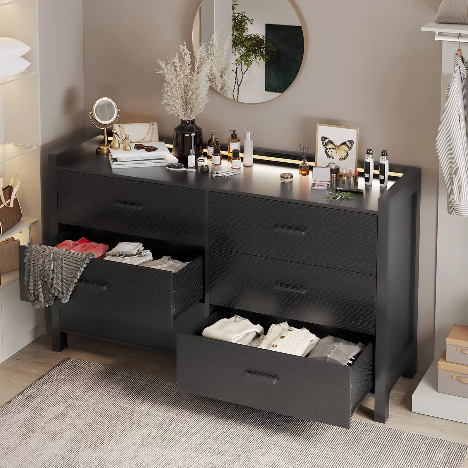 6 Drawer Double Dresser with LED Lights, Large Wooden Storage Cabinet,Drawer Dresser for Bedroom, Hallway, Entryway,Black