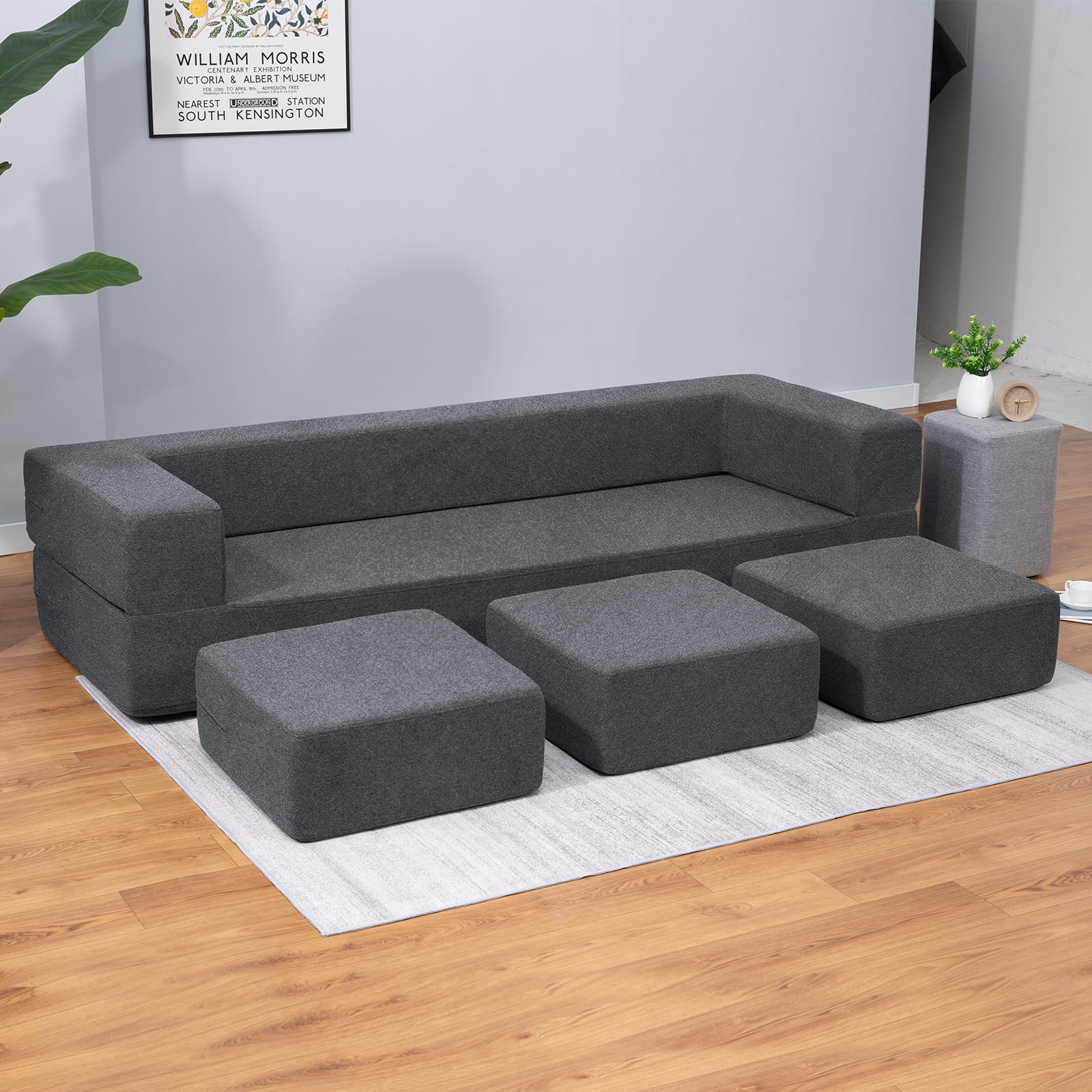 BALUS Folding Bed Couch, Sleeper Foam Sofa Bed, Cushioned Foam Mattress Comfortable Sofa, Floor Couch Sleeper Sofa Foam with 3 Ottomans for Living Room/Bedroom/Guest Room/Home Office (Dark Grey)