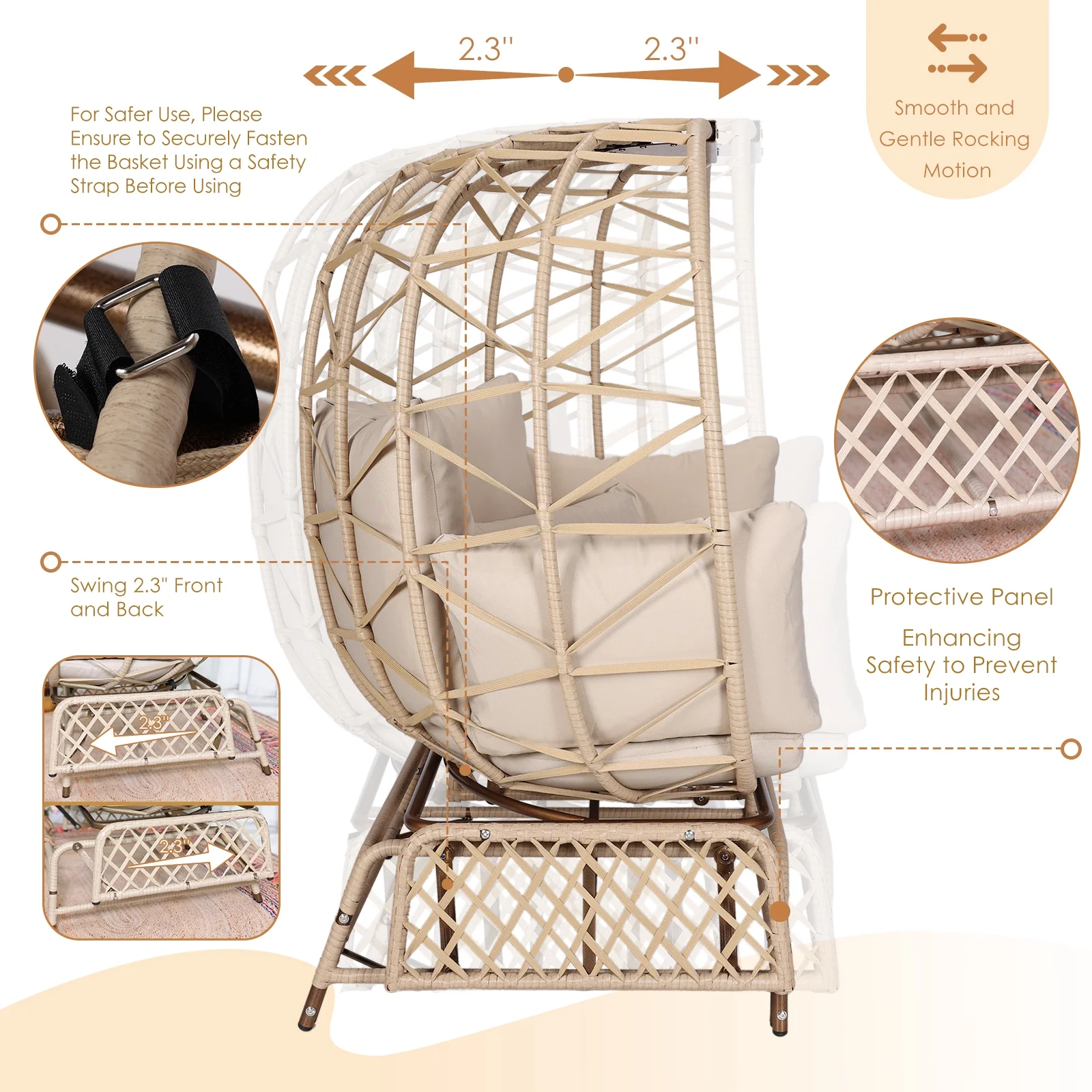 NICESOUL Double Wicker Rocking Egg Chair Indoor Outdoor Oversized Egg Basket Lounge Chair for 2 Persons with Legs, Patio Egg Chair with Thick Cushions 500lbs Egg Shaped Loveseat Bedroom(Beige)