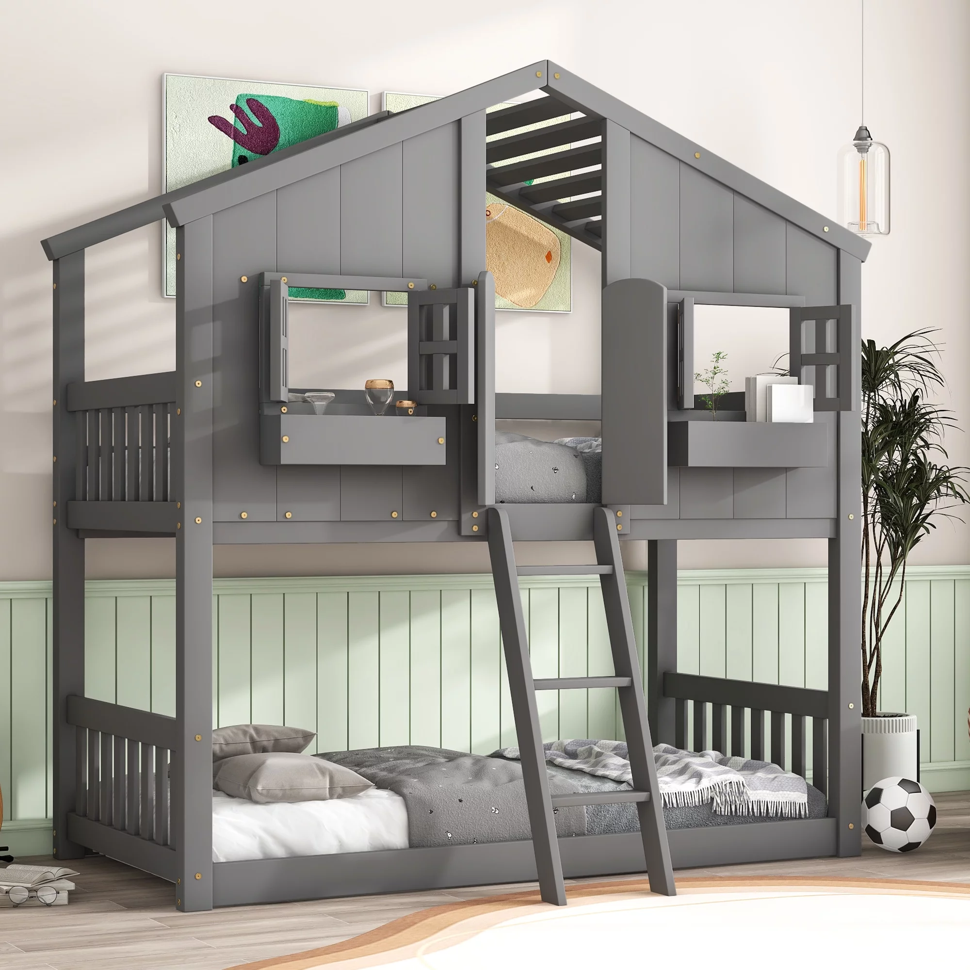 Solid Wood Twin over Twin House Bunk Bed with Roof, Window, Window Box, Door, Ladder and Guard Rail, Twin over Twin Bunk Bed for Toddler Kids Teens(Gray)