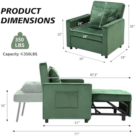 RUNFAYBIU Convertible Sofa Bed  Sleeper Sofa with Adjustable Backrest  Armchair  Sofa  Bed  3 in 1 Sleeper Chair  Single One  Yellow