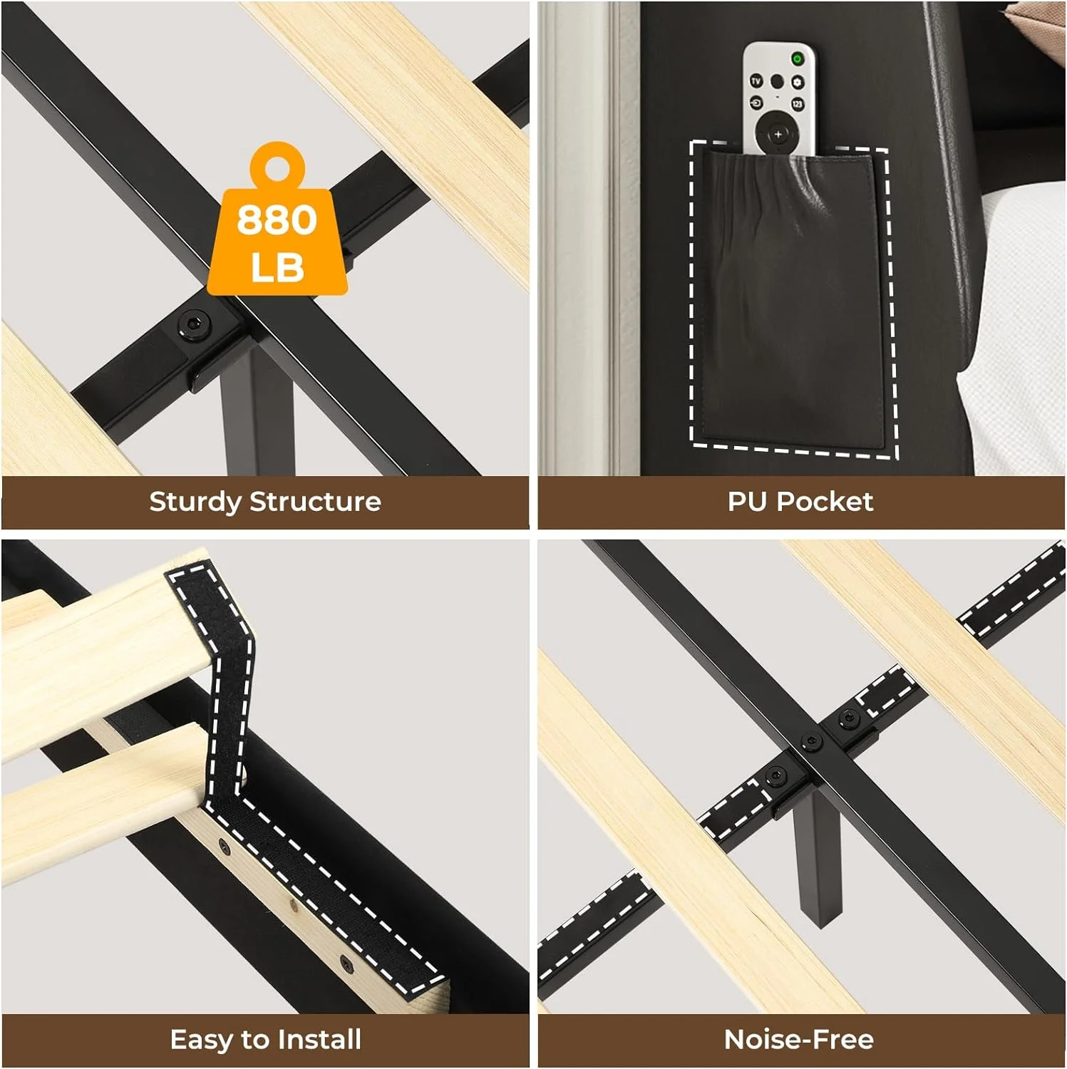 Queen Bed Frame with Storage Headboard and Drawers, Bed Frame with LED Light and Charging Station, Wooden Slats, PU Leather,No Box Spring Needed