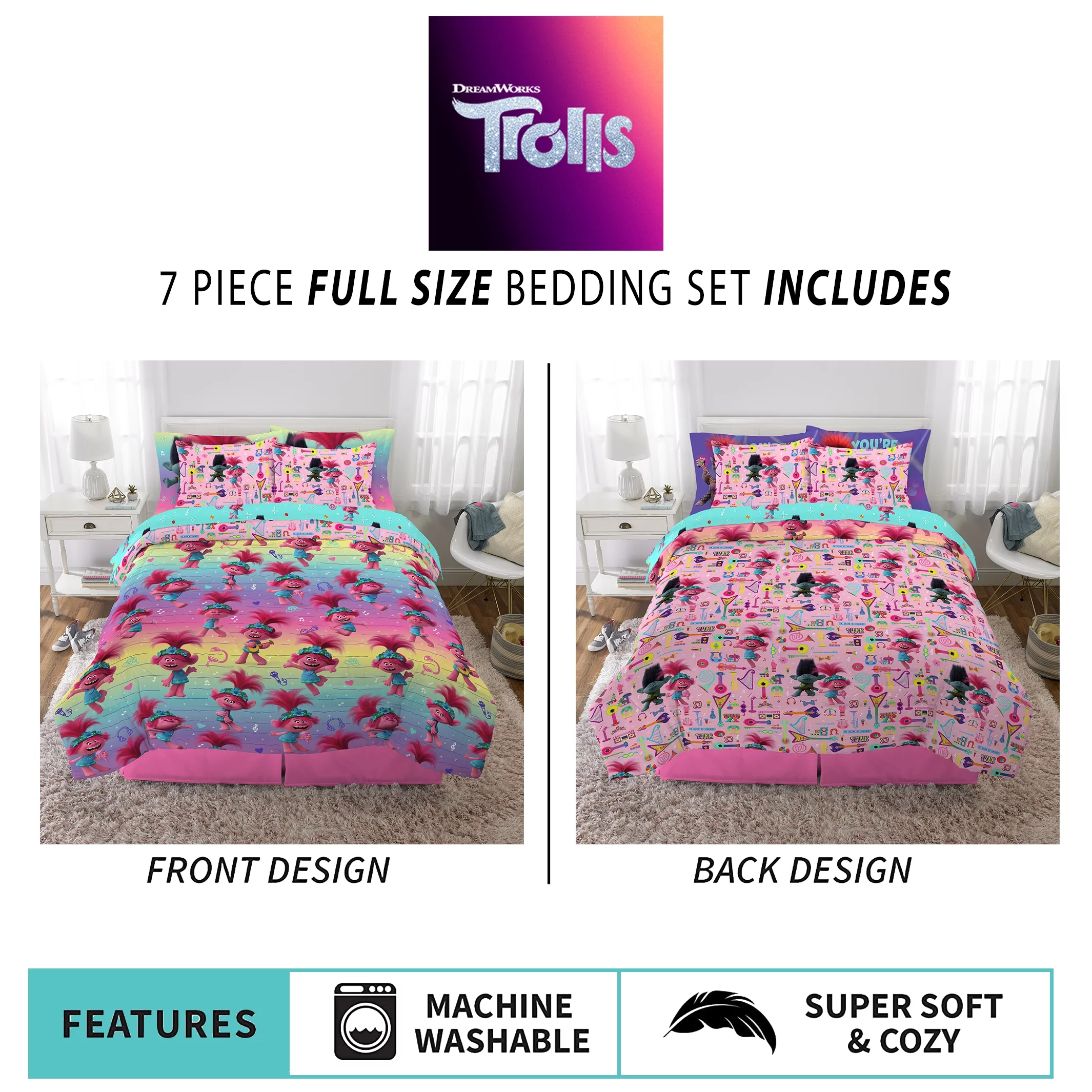 Trolls Kids Full Bed in a Bag, Comforter Sheets and Sham, Rainbow, DreamWorks