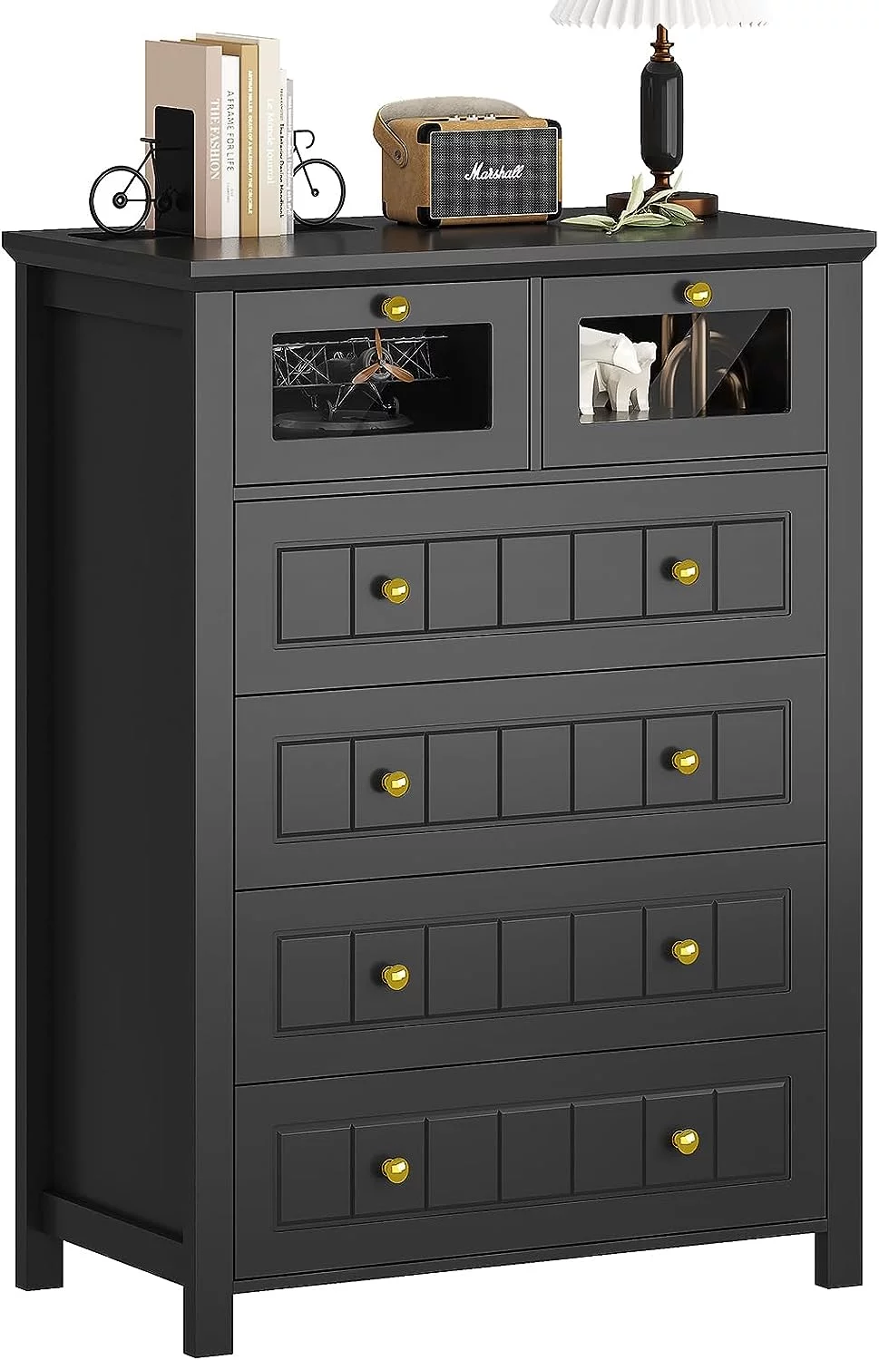 AOGLLATI Black Dresser for Bedroom with Led Light, 6 Drawer Dresser with Milled Grooves Design, Tall Led Dresser for Bedroom Closet