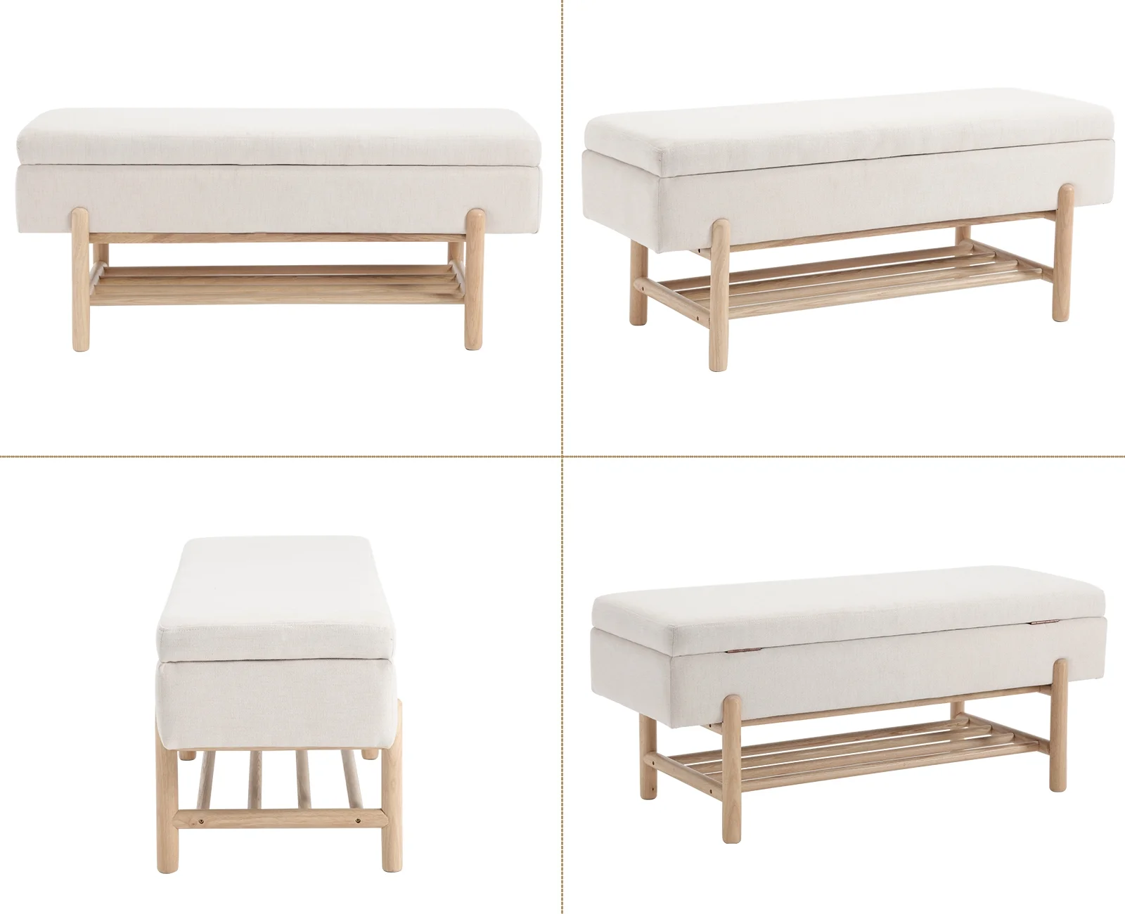 Dayalane Entryway Storage Bench, Linen Upholstered End of Bed Ottoman Bench with Wooden Shoe Rack, Modern Long Bench for Bedroom Living Room Hallway Foyer, Beige