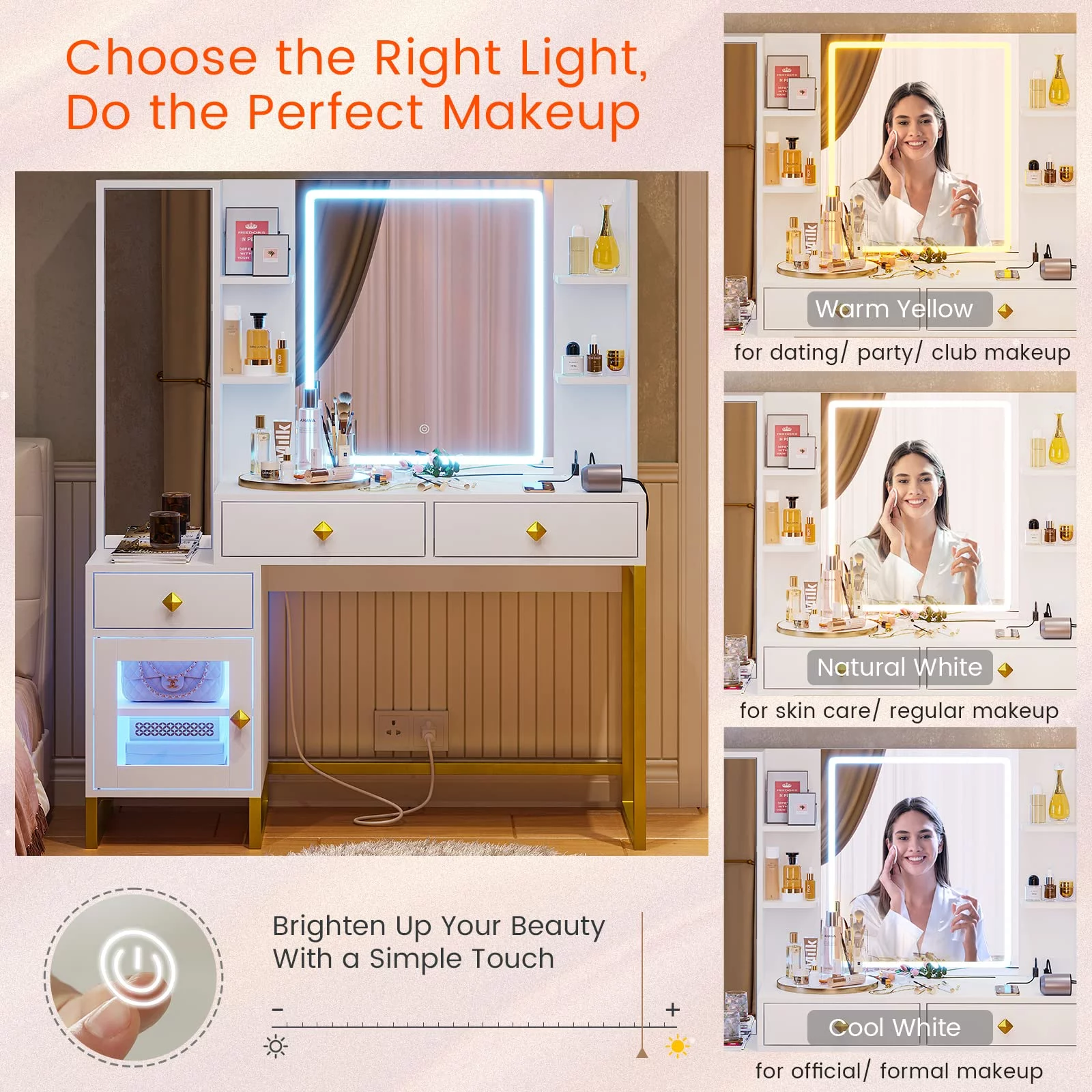 Makeup Vanity Desk with Lighted LED Mirror & Charging Station, Large LED Vanity Desk Dressing Table with 3 Drawers&RGB Cabinet&Nightstand for Women Girls, White&Gold