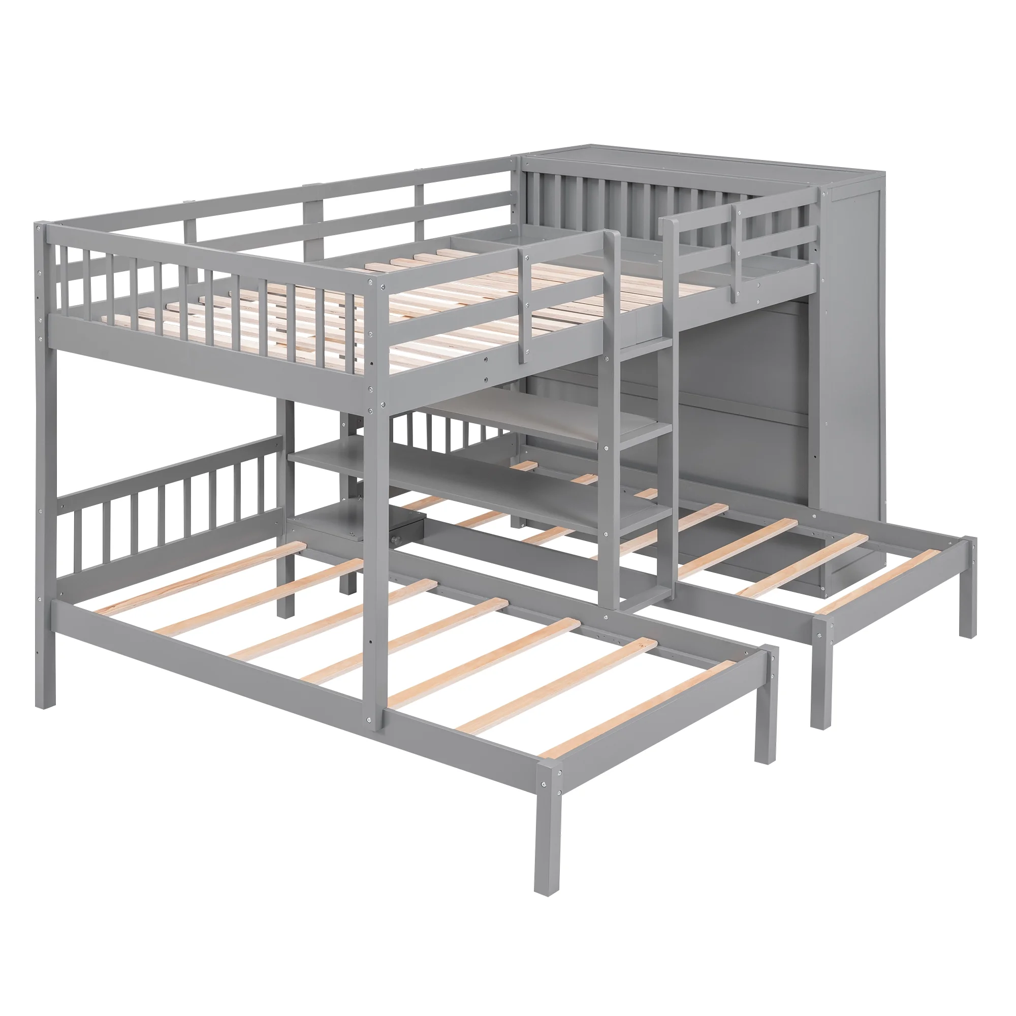 Churanty Full-Over-Twin-Twin Bunk Bed with Shelves, Wardrobe and Mirror, Gray
