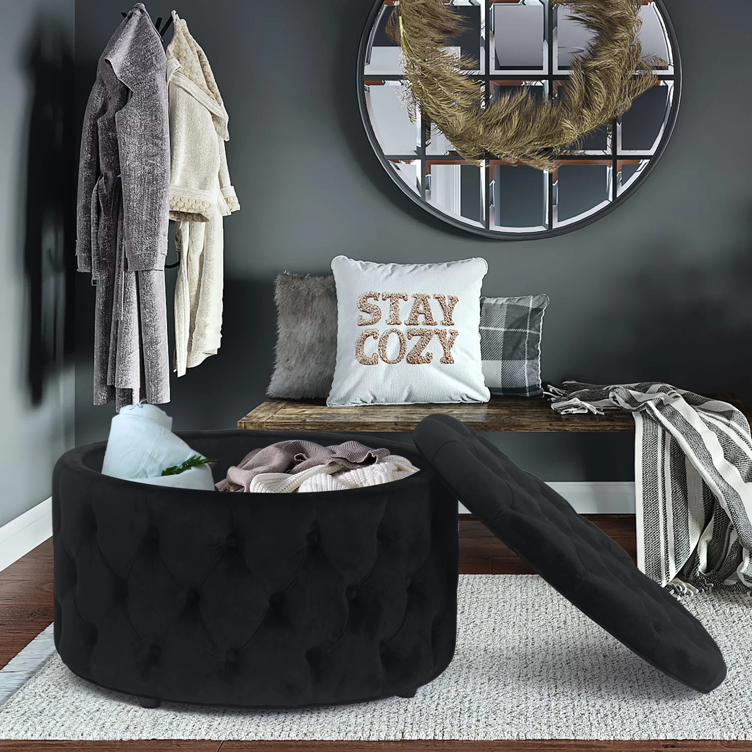 Homebeez Round Storage Ottoman Button Tufted Footrest Stool Coffee Table Children Sofa Stool,Black