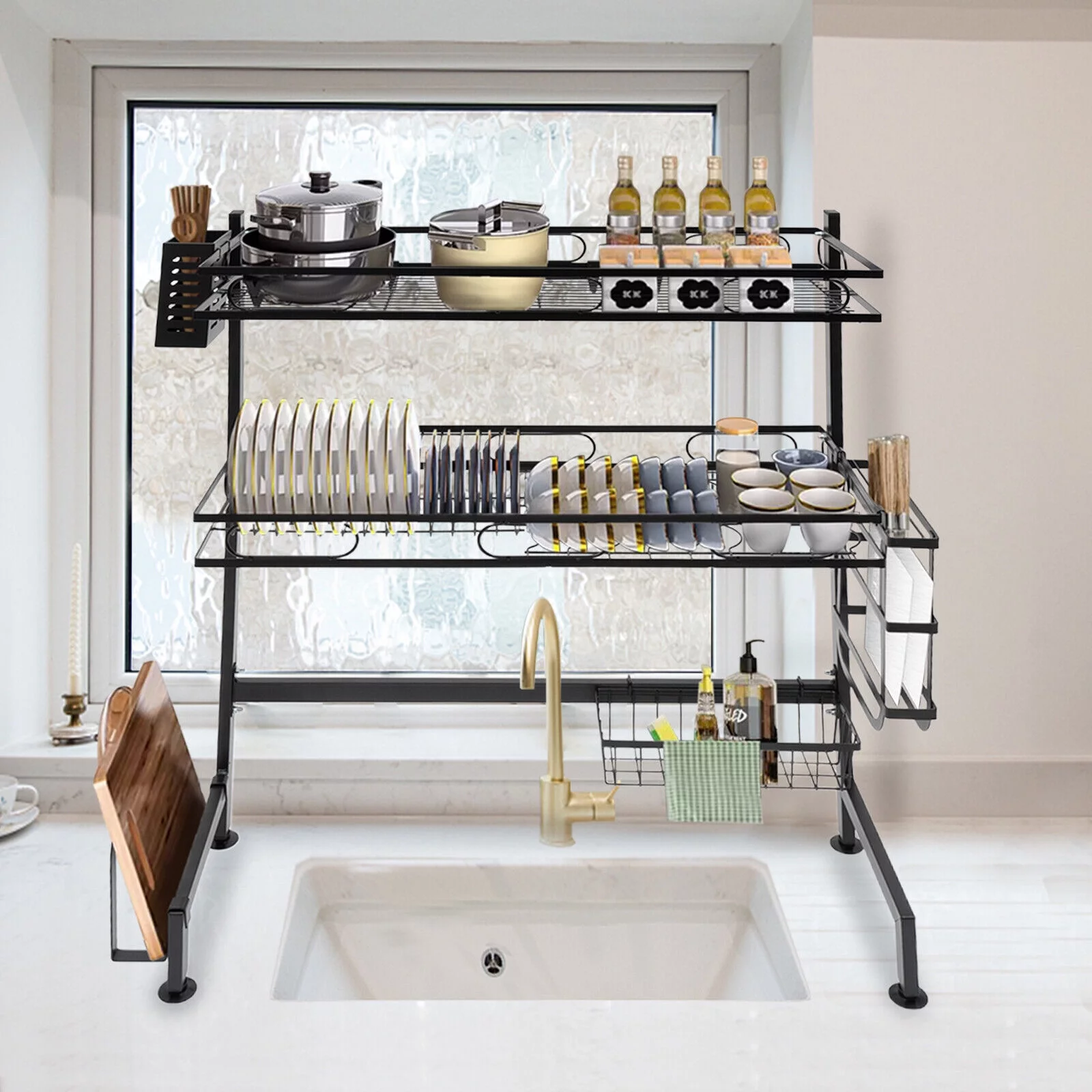 2-tiers Over-the-sink Adjustable Large 24.4'' Dish Drying Rack Large Drainage Multifunctional Kitchen Rack
