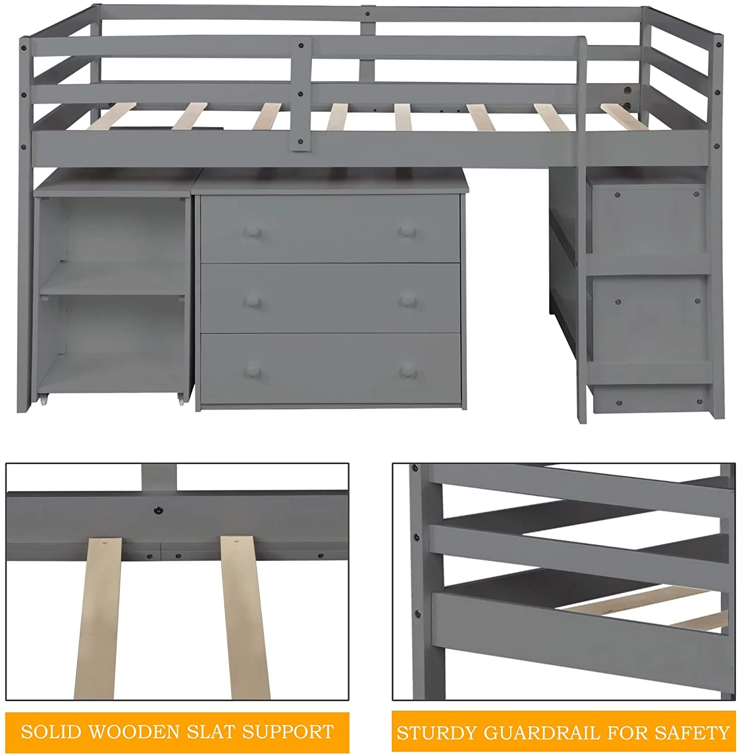 CHURANTY Solid Wood Twin Low Loft Bed with Desk and Storage Drawers Cabinet Rolling Portable Desk