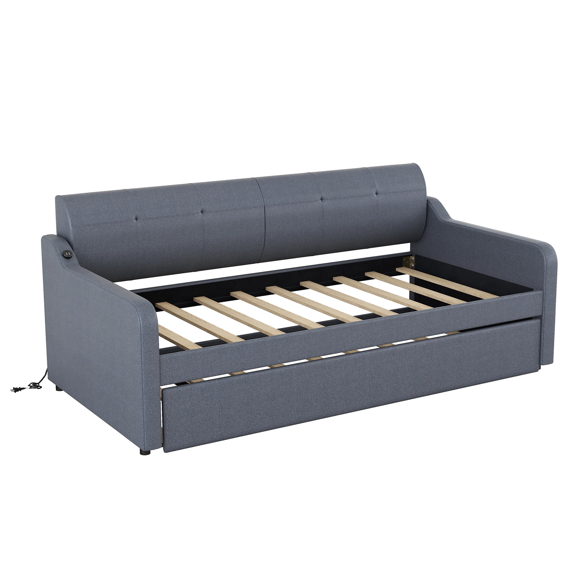 EUROCO Twin Size Upholstery DayBed with Convertible Trundle and USB Charging Station, Gray