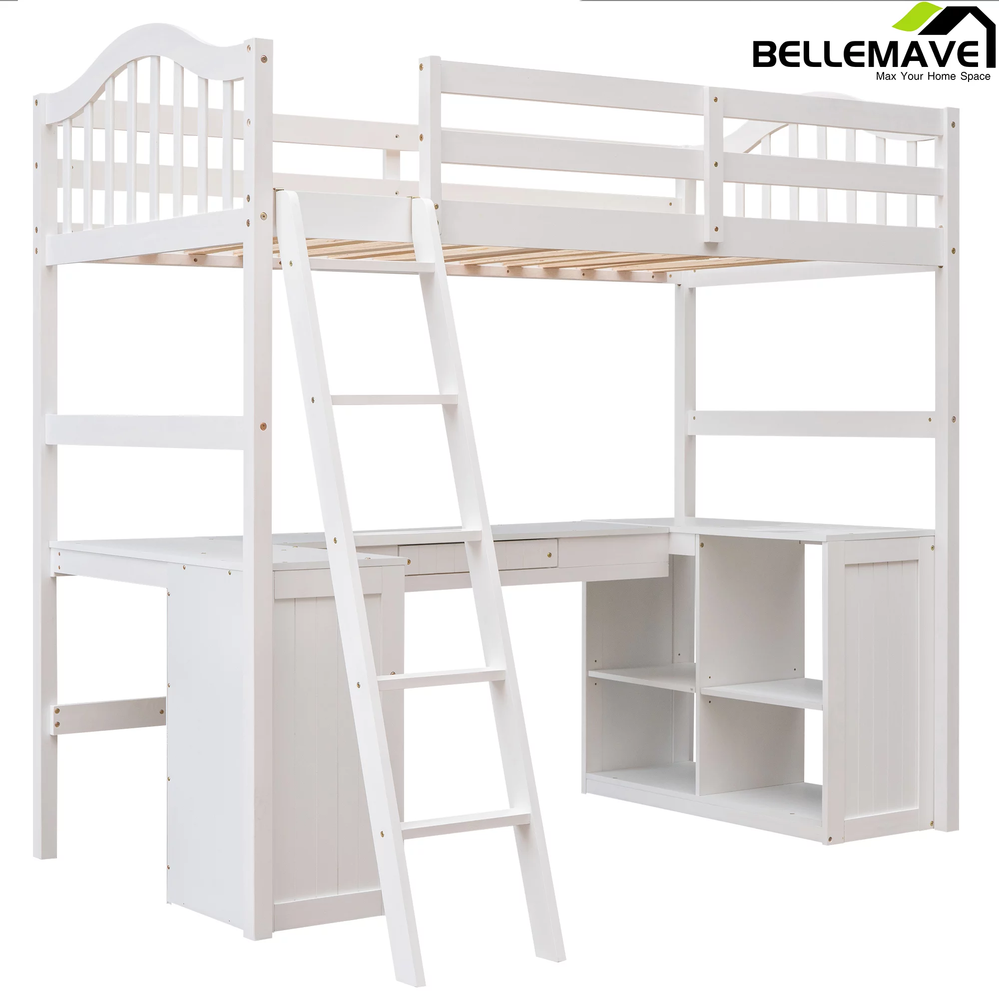 Bellemave Twin Size High Loft Bed with Desk and Drawers for Kids,Wooden Loft Bed Frame with Bookcase Shelves and Storage Cabinet for Kids,Teens,Adults,White